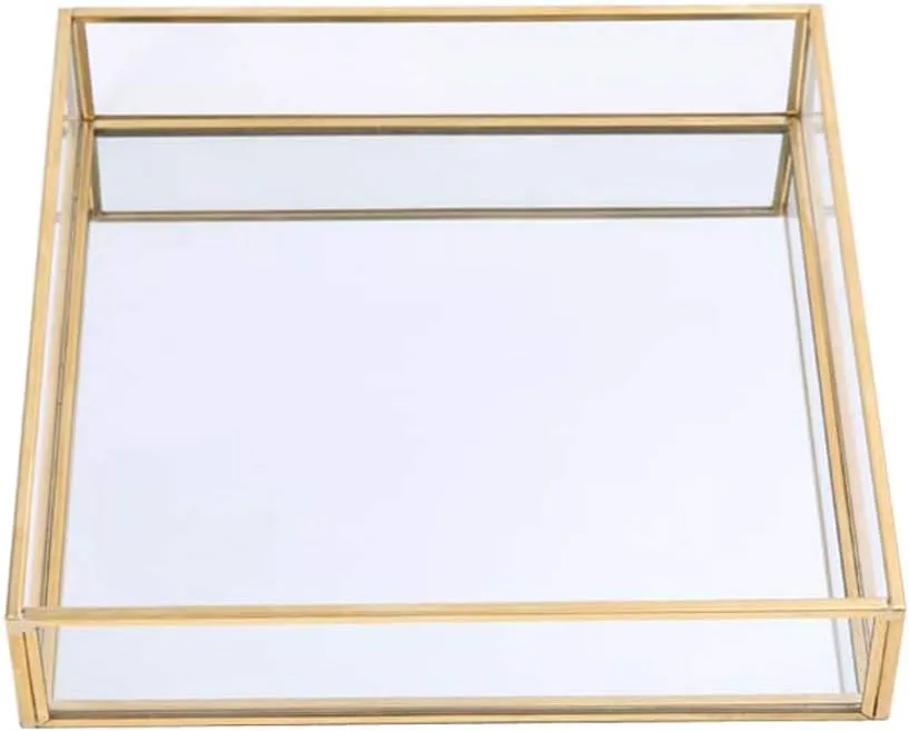 Sooyee Gold Tray Mirror,Square Mirror Tray can Hold Jewelry,Perfume,Makeup,Breakfast,Tea,Food,Magazine and More, Decorative Tray for Vanity,Dresser,Bathroom,Bedroom,Office,Garden,Coffee Table (8”x8”)