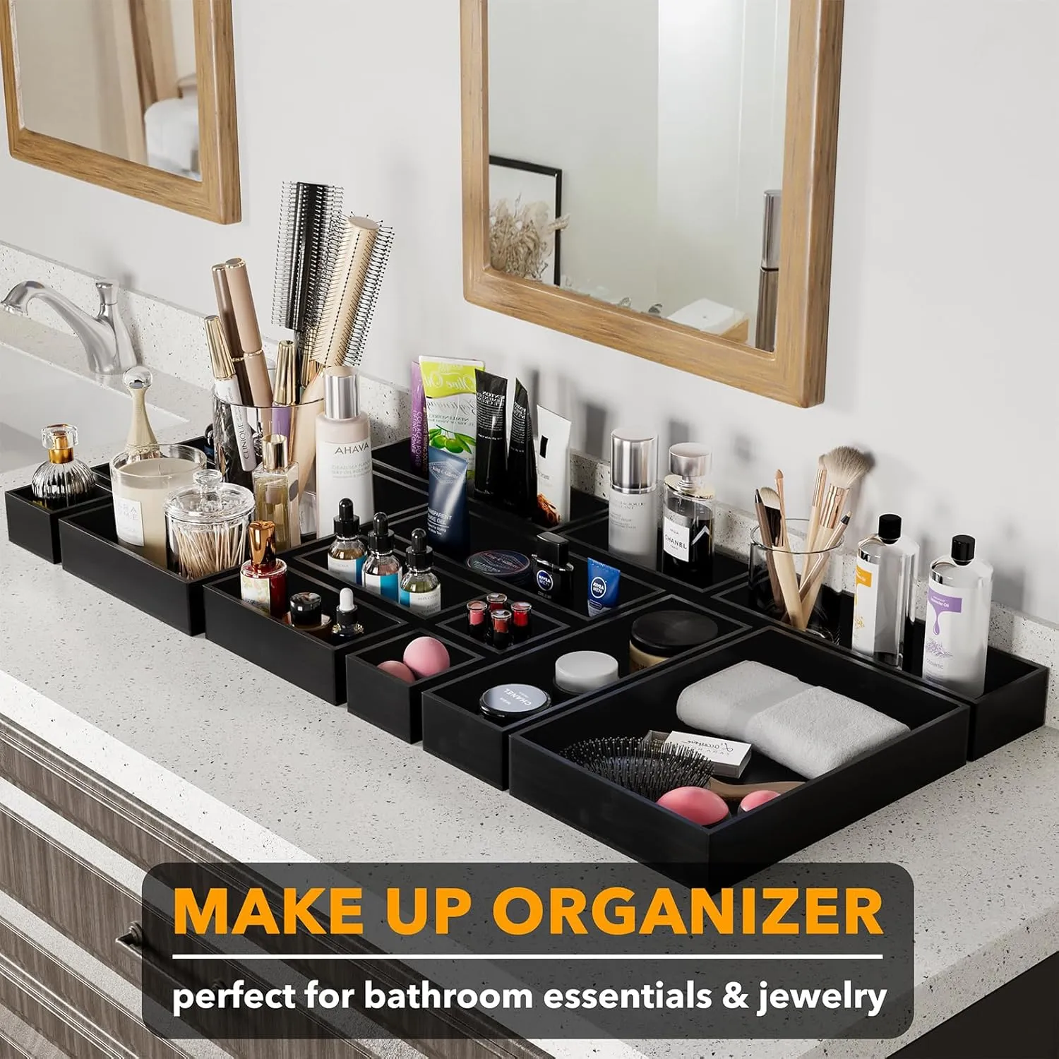 SpaceAid 14-Piece Bamboo Drawer Organizer Storage Boxes Set, Wood Tray Junk Drawer Organizers Multi-Use Divider Bins for Kitchen, Bathroom, Office Desk and Makeup Organization (14 Pack, Black)