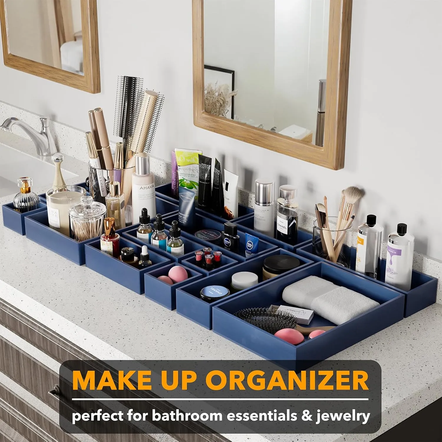 SpaceAid 14-Piece Bamboo Drawer Organizer Storage Boxes Set, Wood Tray Junk Drawer Organizers Multi-Use Divider Bins for Kitchen, Bathroom, Office Desk and Makeup Organization (14 Pack, Navy Blue)