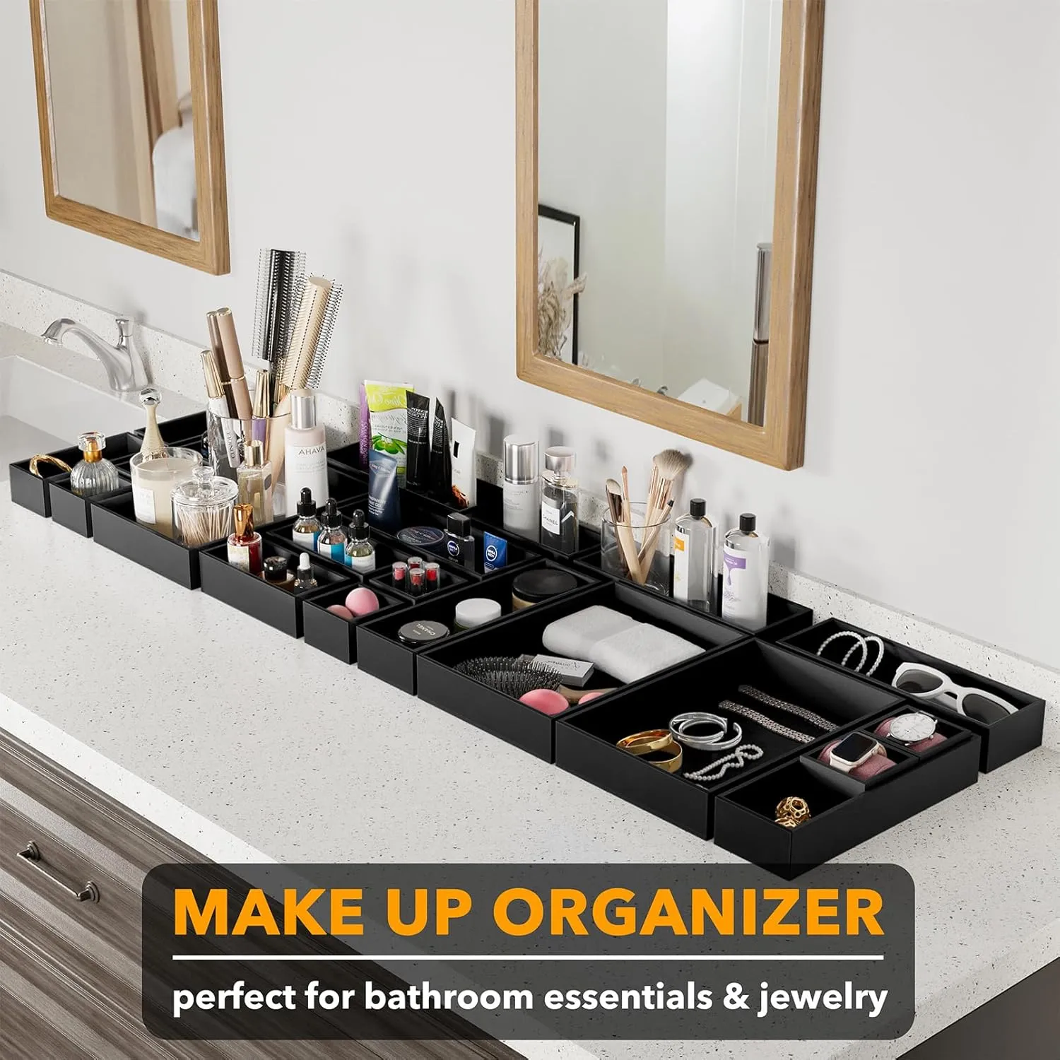 SpaceAid 21-Piece Bamboo Drawer Organizer Storage Boxes Set, Wood Tray Junk Drawer Organizers Multi-Use Divider Bins for Kitchen, Bathroom, Office Desk and Makeup Organization (21 Pack, Black)