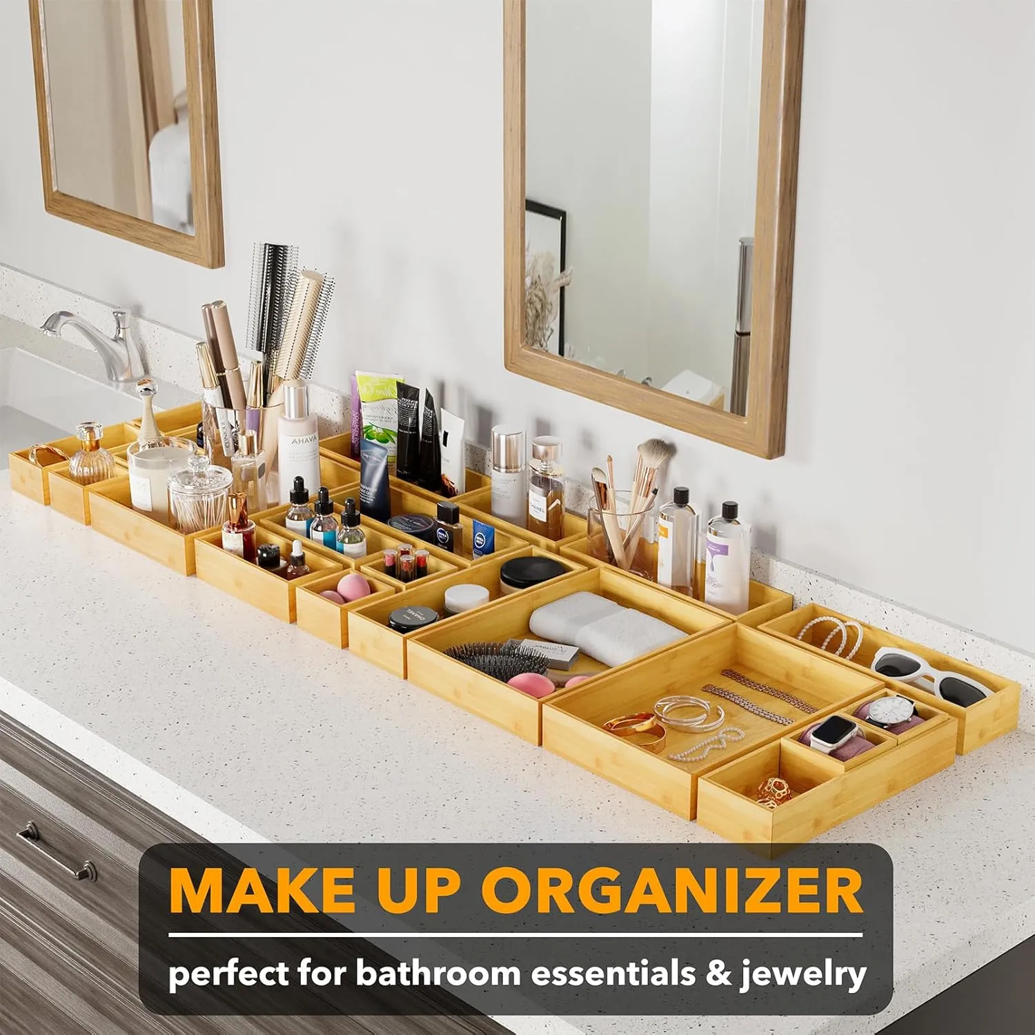 SpaceAid 21-Piece Bamboo Drawer Organizer Storage Boxes Set, Wood Tray Junk Drawer Organizers Multi-Use Divider Bins for Kitchen, Bathroom, Office Desk and Makeup Organization (21 Pack, Natural)