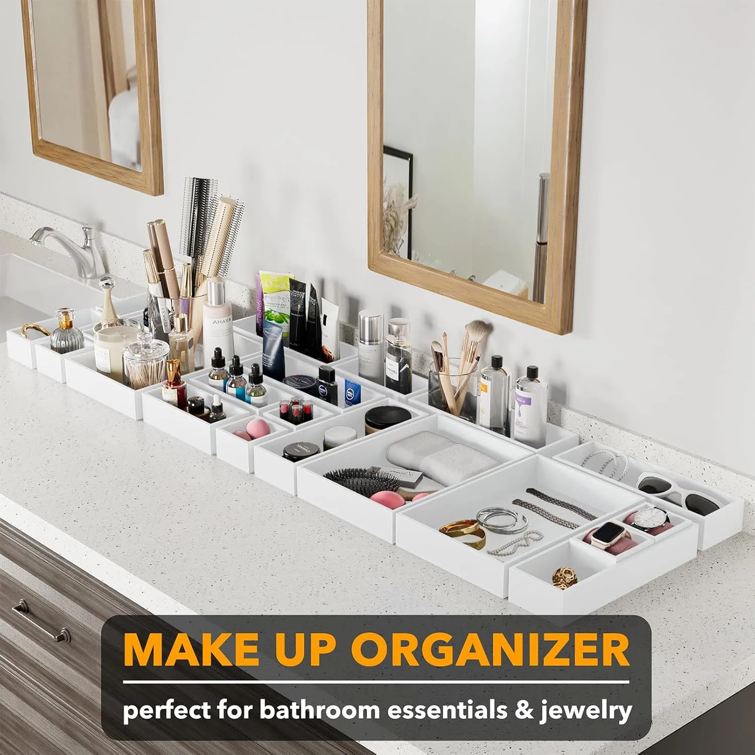 SpaceAid 21-Piece Bamboo Drawer Organizer Storage Boxes Set, Wood Tray Junk Drawer Organizers Multi-Use Divider Bins for Kitchen, Bathroom, Office Desk and Makeup Organization (21 Pack, White)
