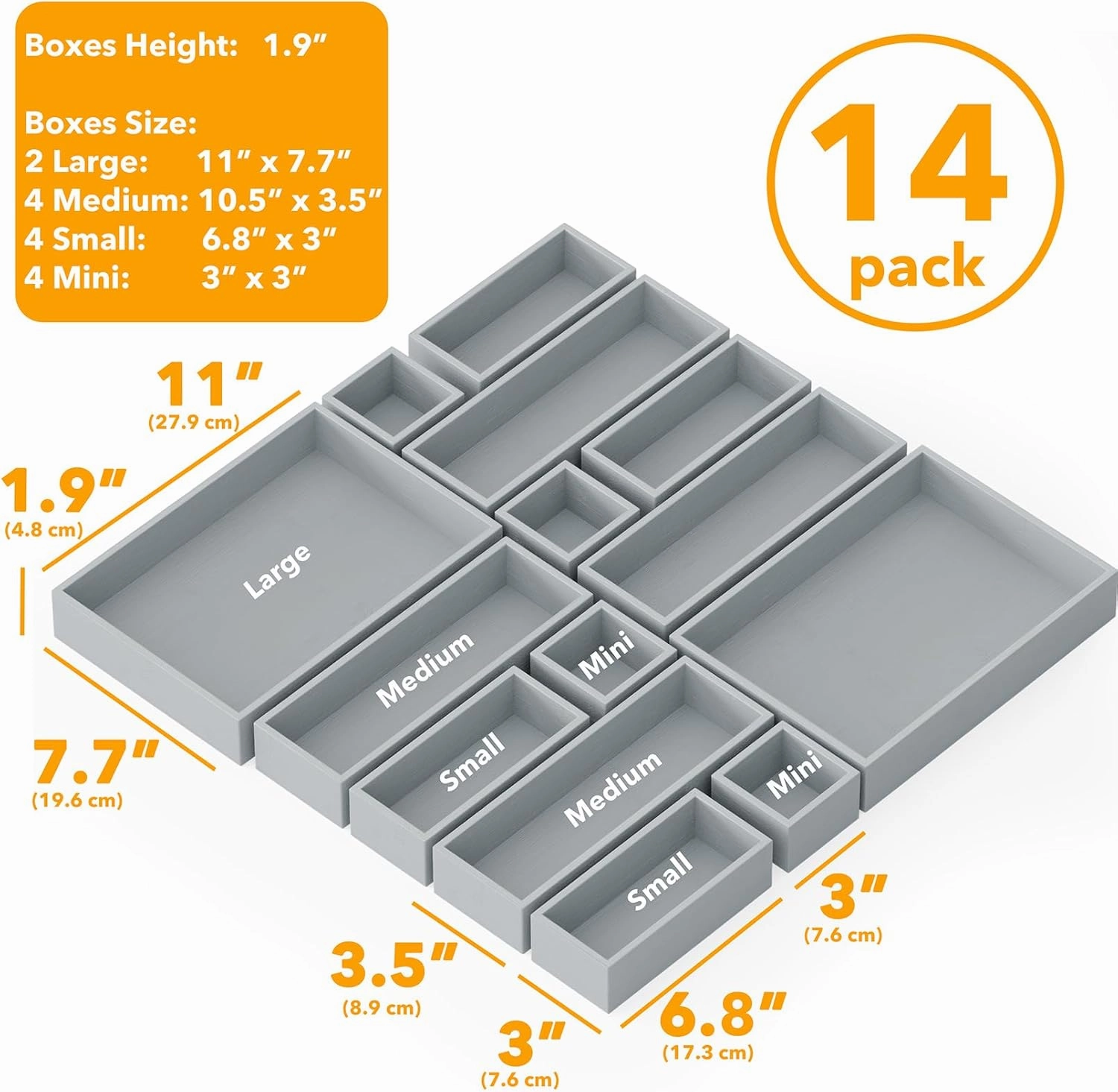 SpaceAid 14-Piece Bamboo Drawer Organizer Storage Boxes Set, Wood Tray Junk Drawer Organizers Multi-Use Divider Bins for Kitchen, Bathroom, Office Desk and Makeup Organization (14 Pack, Gray)
