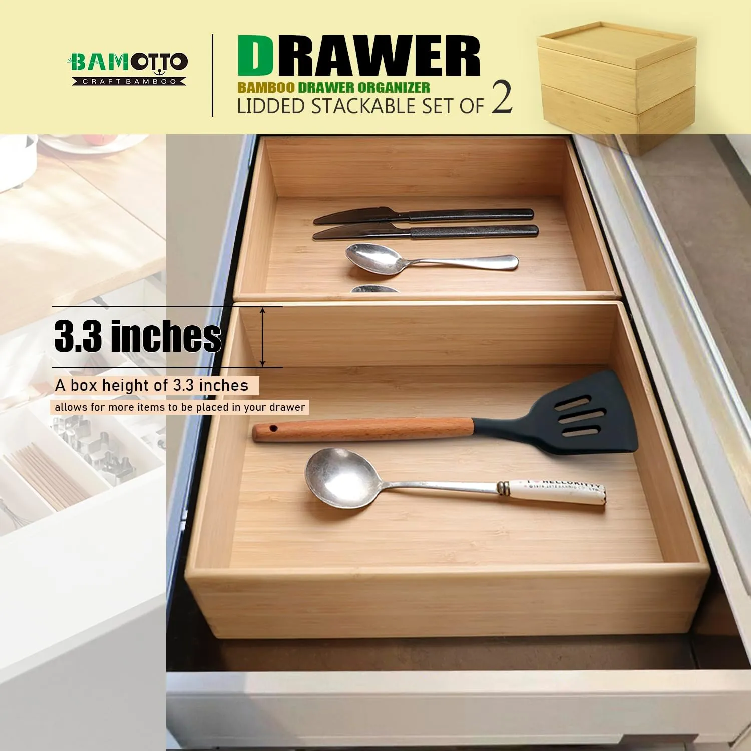 Stackable Bamboo Drawer Organizer Set – 2 Boxes with 1 Lid | Wood-Laminated Trays for Kitchen Utensils, Silverware & Flatware – Storage Fits Cabinets, Pantry, Bathroom & Office | 10.2"x7.3" (2-Pack)