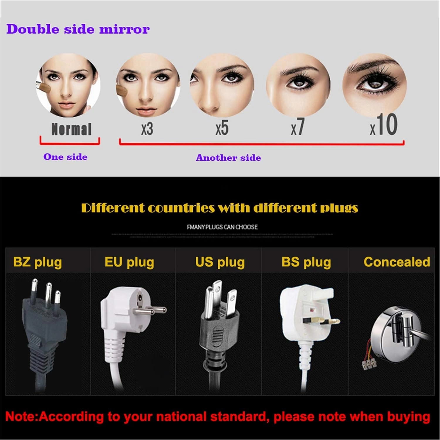 Standing LED Makeup Mirror, 8 Inch Double Sided 1X and 3X/5X/7X/10X Magnification, Brass Countertop Cosmetic Vanity Mirrors with Switch and Plug,Black,7X(Nickel,10X)