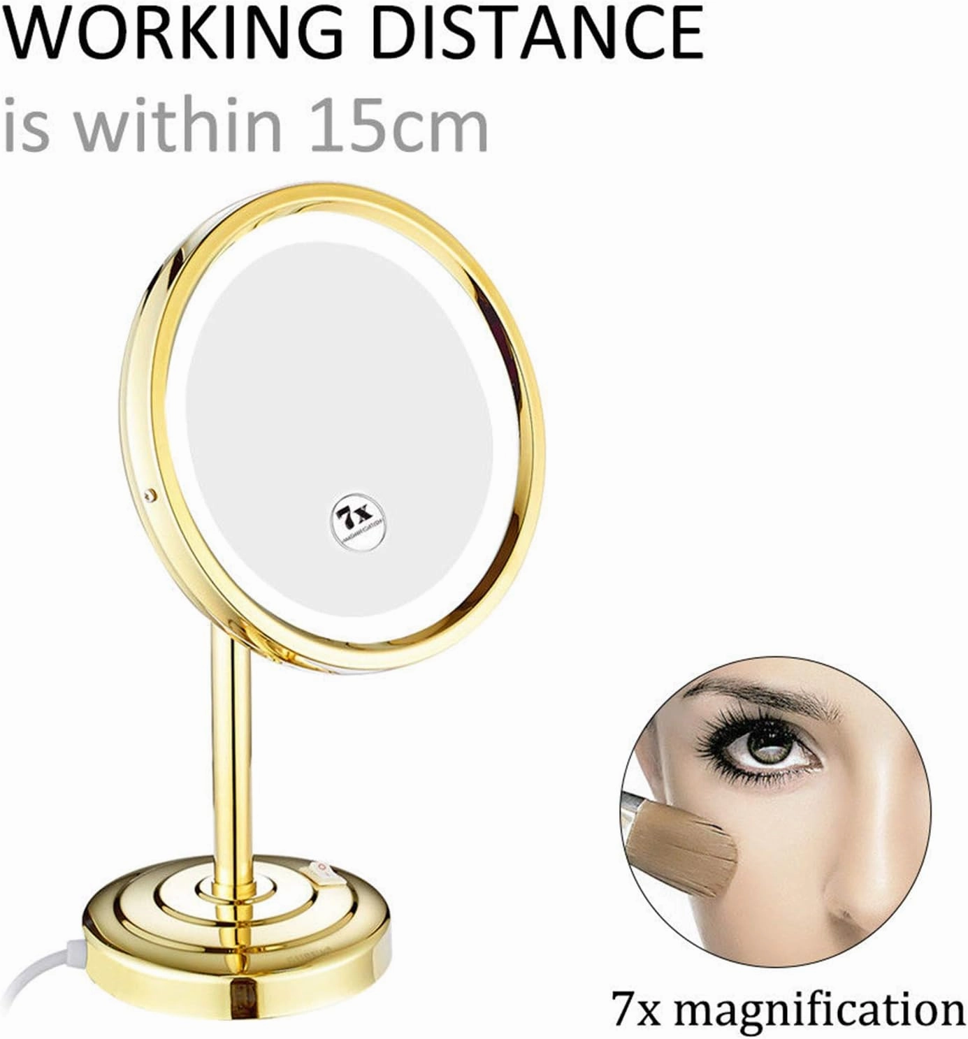 Standing LED Makeup Mirror with Light and 3X/5X/7X/10X Magnification, 8 Inch Brass Countertop Cosmetic Vanity Mirrors with Switch and Plug,Chrome,3X(Gold,7X)