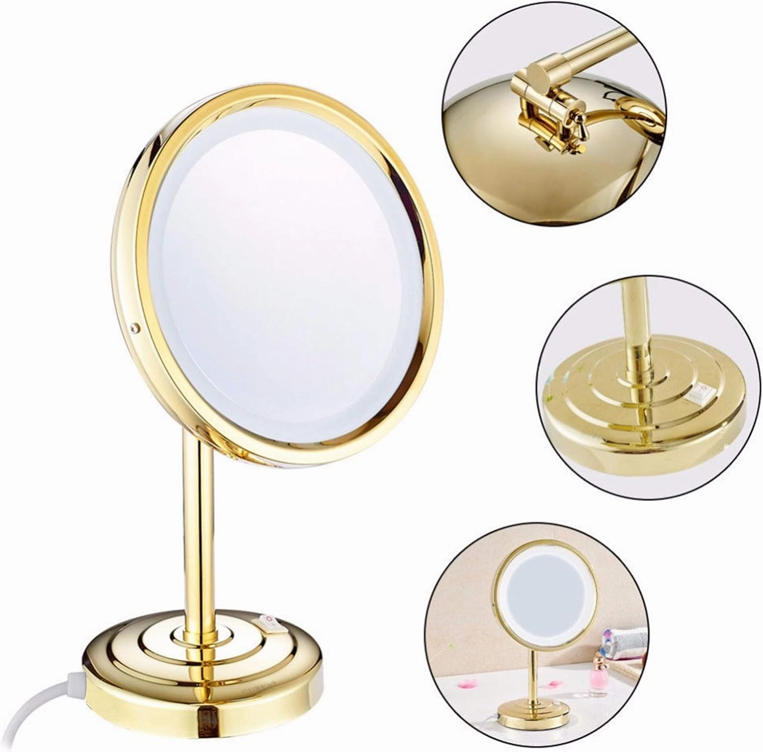 Standing LED Makeup Mirror with Light and 3X/5X/7X/10X Magnification, 8 Inch Brass Countertop Cosmetic Vanity Mirrors with Switch and Plug,Chrome,3X(Gold,7X)