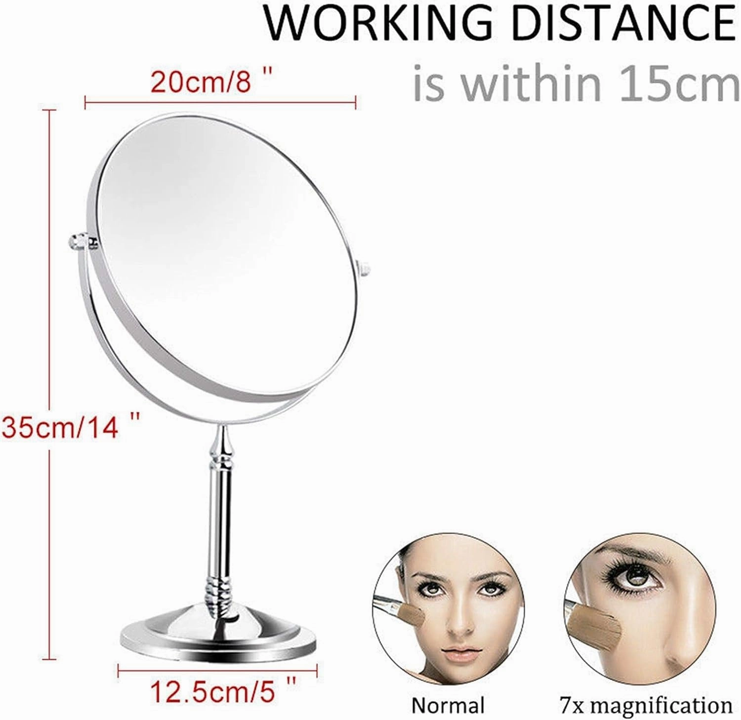 Standing Makeup Mirrors, 8 Inch Double Sided Brass Countertop Vanity Mirror with Magnifying, Tabletop Rotatable Shaving Cosmetic Mirrors (Chrome 7X)