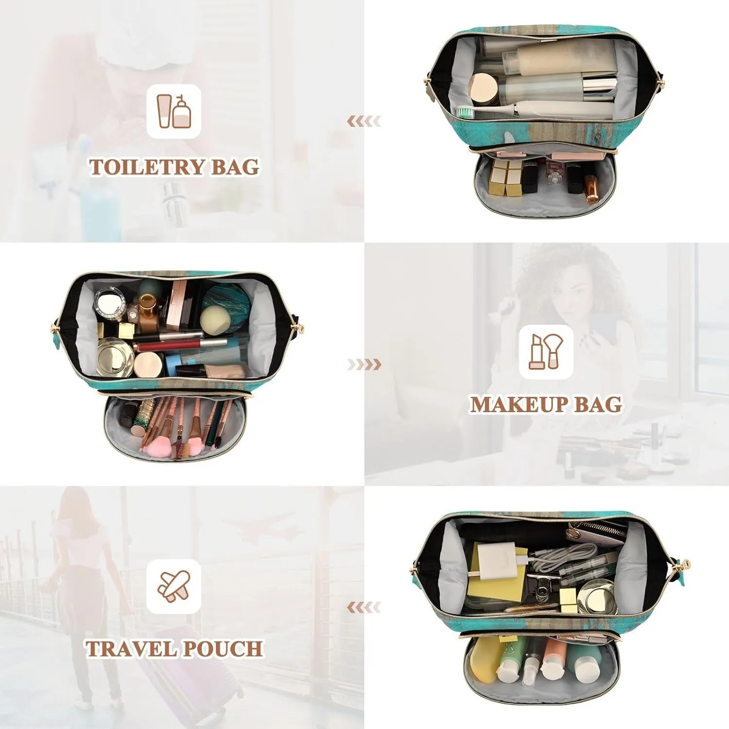 Starfish and Seashells on Shabby Wooden Turquoise Background Women Cosmetic Bag Makeup Bag Stylish Trip Beauty Bag Travel Toiletry Bag with Bottle Organizer 10.2 x 5.9 x 6.7 inch