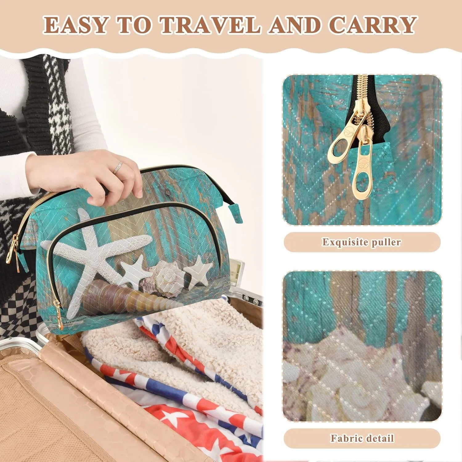 Starfish and Seashells on Shabby Wooden Turquoise Background Women Cosmetic Bag Makeup Bag Stylish Trip Beauty Bag Travel Toiletry Bag with Bottle Organizer 10.2 x 5.9 x 6.7 inch