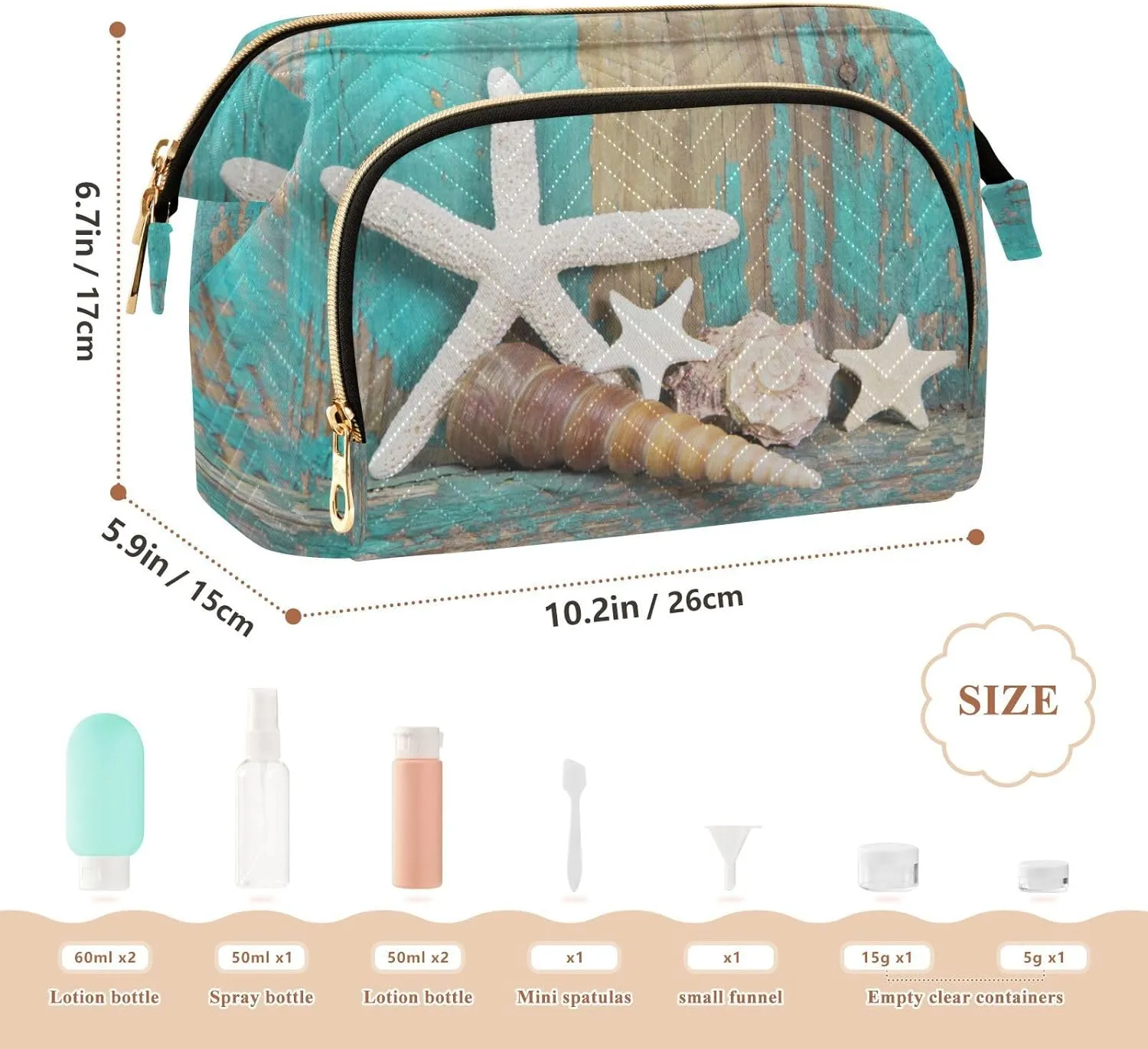 Starfish and Seashells on Shabby Wooden Turquoise Background Women Cosmetic Bag Makeup Bag Stylish Trip Beauty Bag Travel Toiletry Bag with Bottle Organizer 10.2 x 5.9 x 6.7 inch