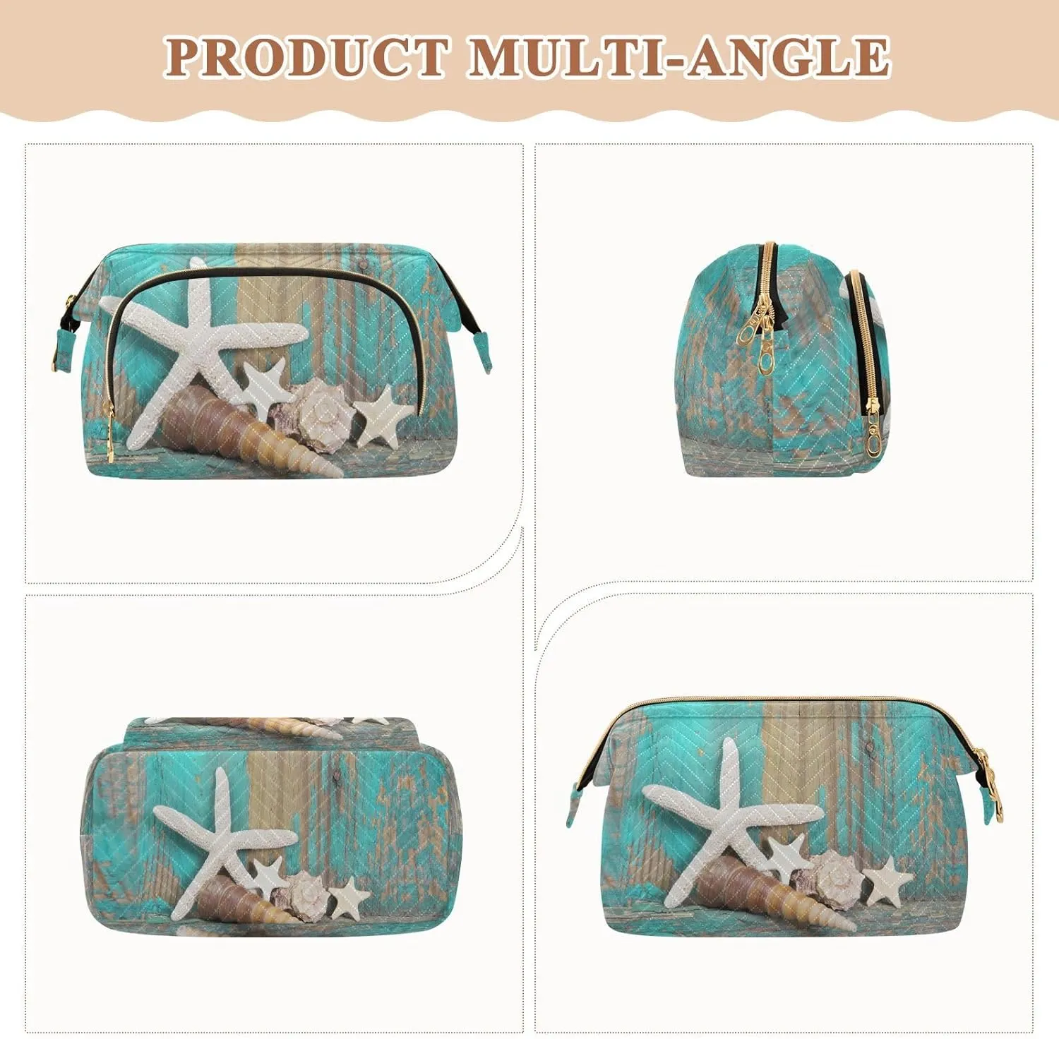 Starfish and Seashells on Shabby Wooden Turquoise Background Women Cosmetic Bag Makeup Bag Stylish Trip Beauty Bag Travel Toiletry Bag with Bottle Organizer 10.2 x 5.9 x 6.7 inch
