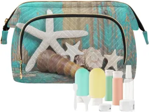 Starfish and Seashells on Shabby Wooden Turquoise Background Women Cosmetic Bag Makeup Bag Stylish Trip Beauty Bag Travel Toiletry Bag with Bottle Organizer 10.2 x 5.9 x 6.7 inch