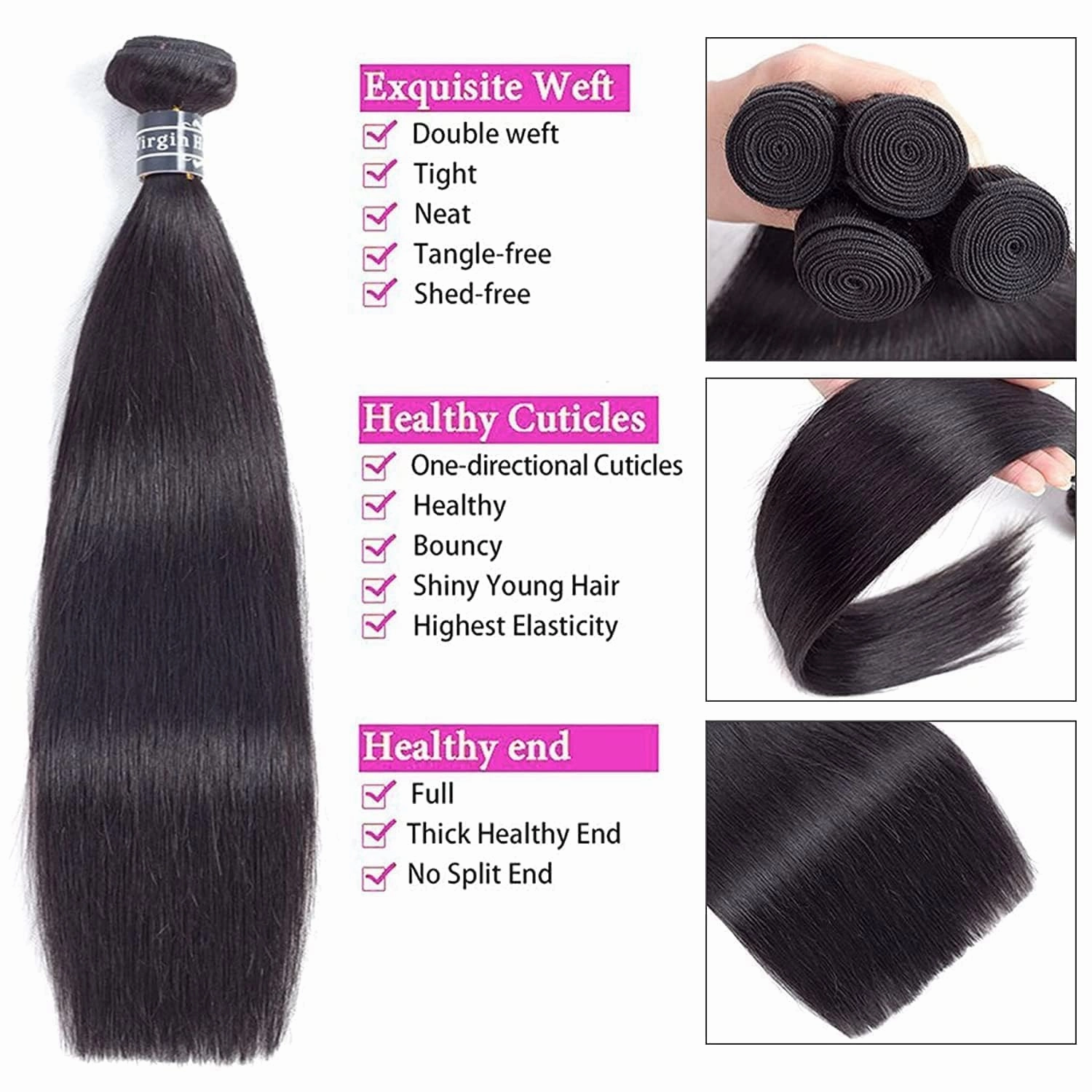 Straight Bundles Human Hair 14 16 18 Inch 10A Brazilian 100% Unprocessed Virgin 3 Bundles Human Hair Weave Extensions Natural Color