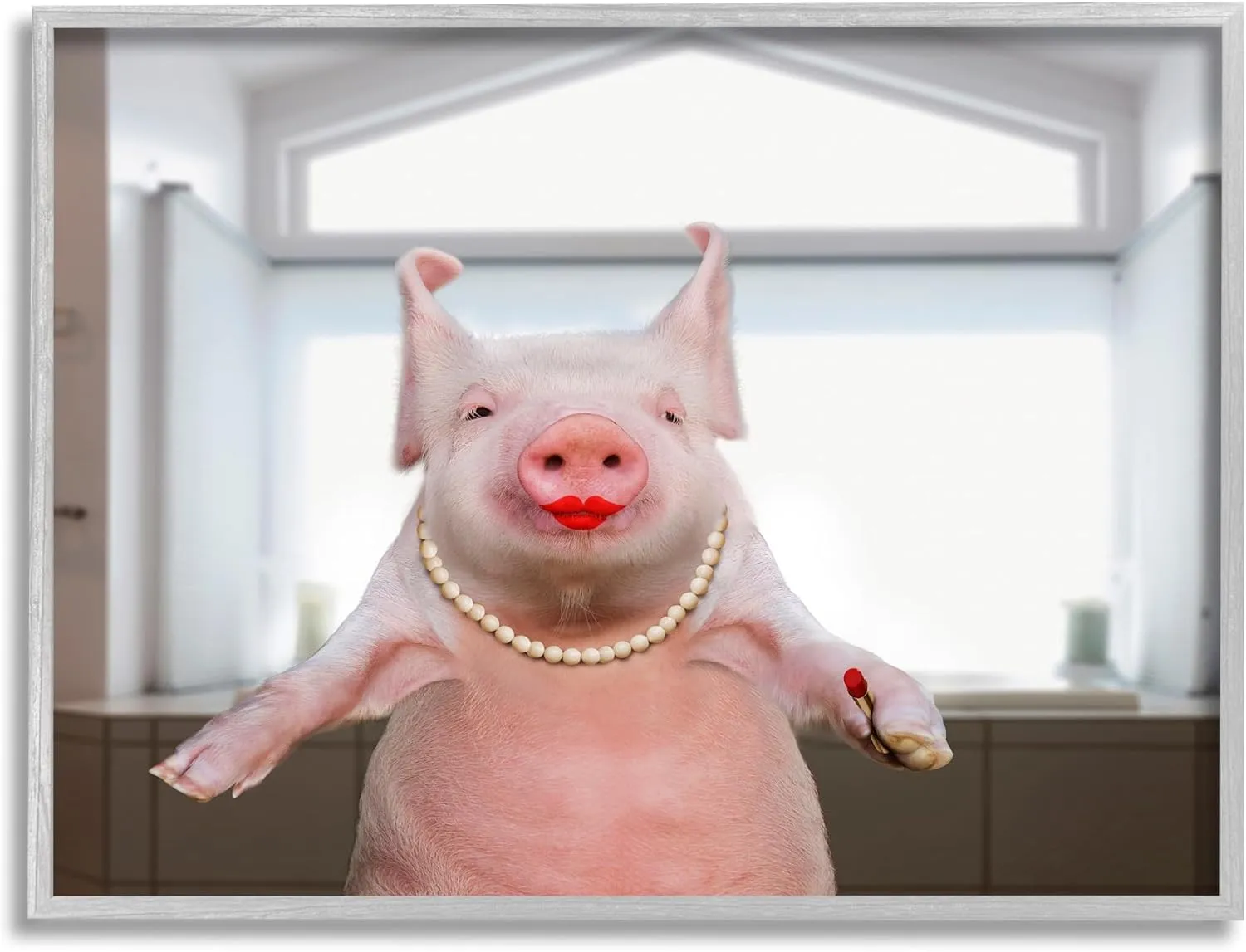 Stupell Industries Glam Pig in Lipstick Gray Framed Giclee Art Design by Lund Roeser