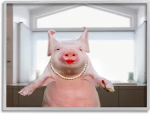 Stupell Industries Glam Pig in Lipstick Gray Framed Giclee Art Design by Lund Roeser
