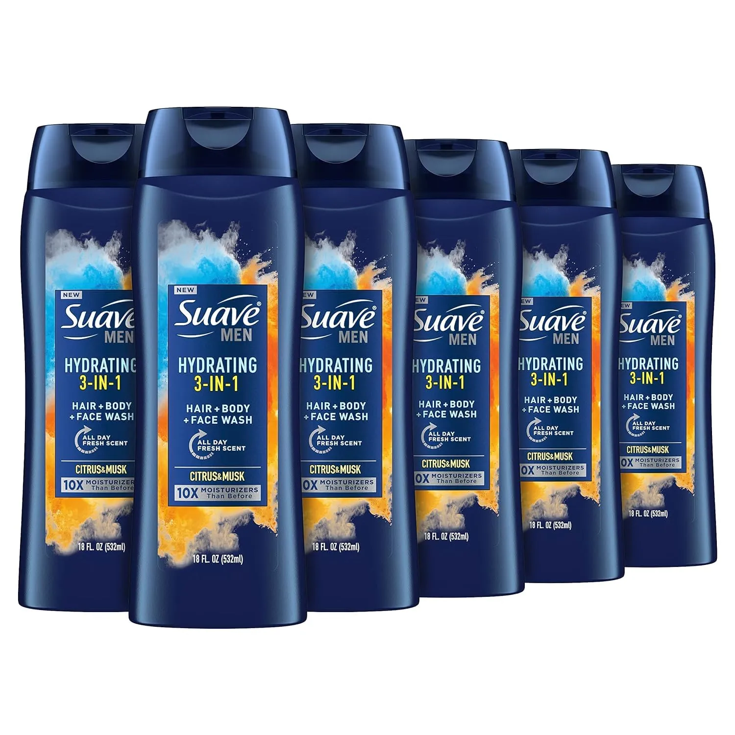 Suave Men Moisturizing Body, Face and Hair Wash, 3-in-1 For Hydrated Skin and Hair, Citrus & Musk scent, No Parabens, No Phtahaltes, 18 Oz Pack of 6