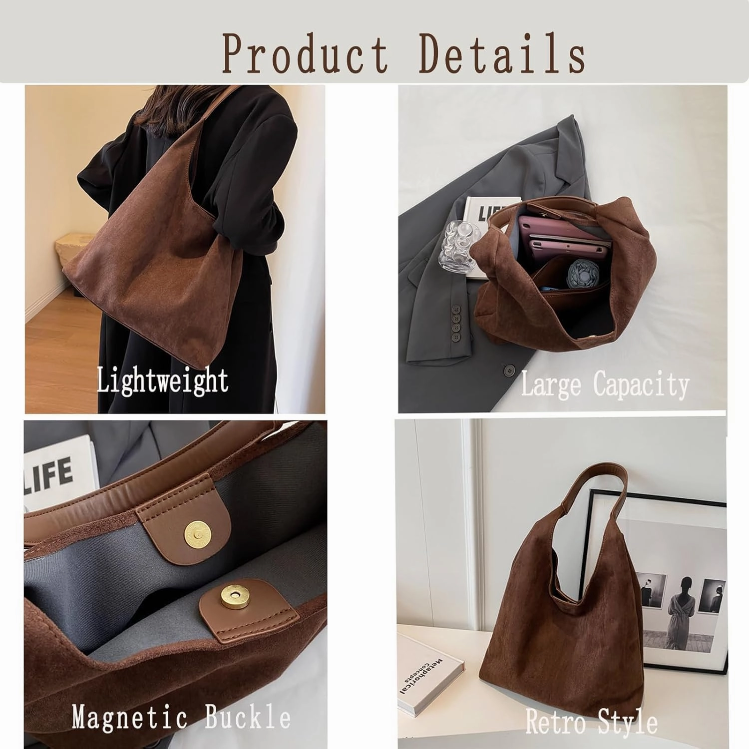 Suede Hobo Bag for Women, Suede Purse Slouchy Brown Tote Handbag, Shoulder bag for Travel and Work 2024