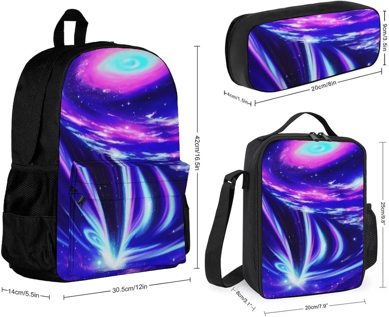 Supdreamc 3 Piece Backpack Sets, Galaxy Space Art Carry On Bag Lunch Bag Pencil Case, College Bookbag, Travel Hiking Daypack Computer Bag, One Size