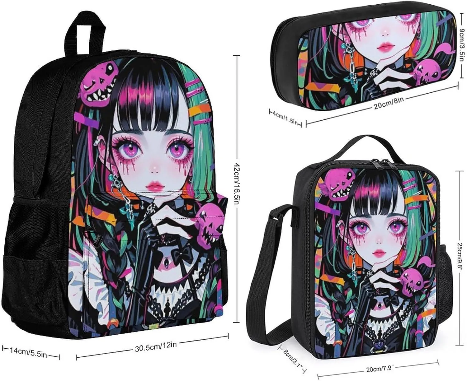 Supdreamc Adults Daypack Sets - Beautiful Gothic Woman Neon Art Bookbag 3 Piece College Daypack Traveling & Camping Backpack, 3 Piece Climbing Shoulder Bag