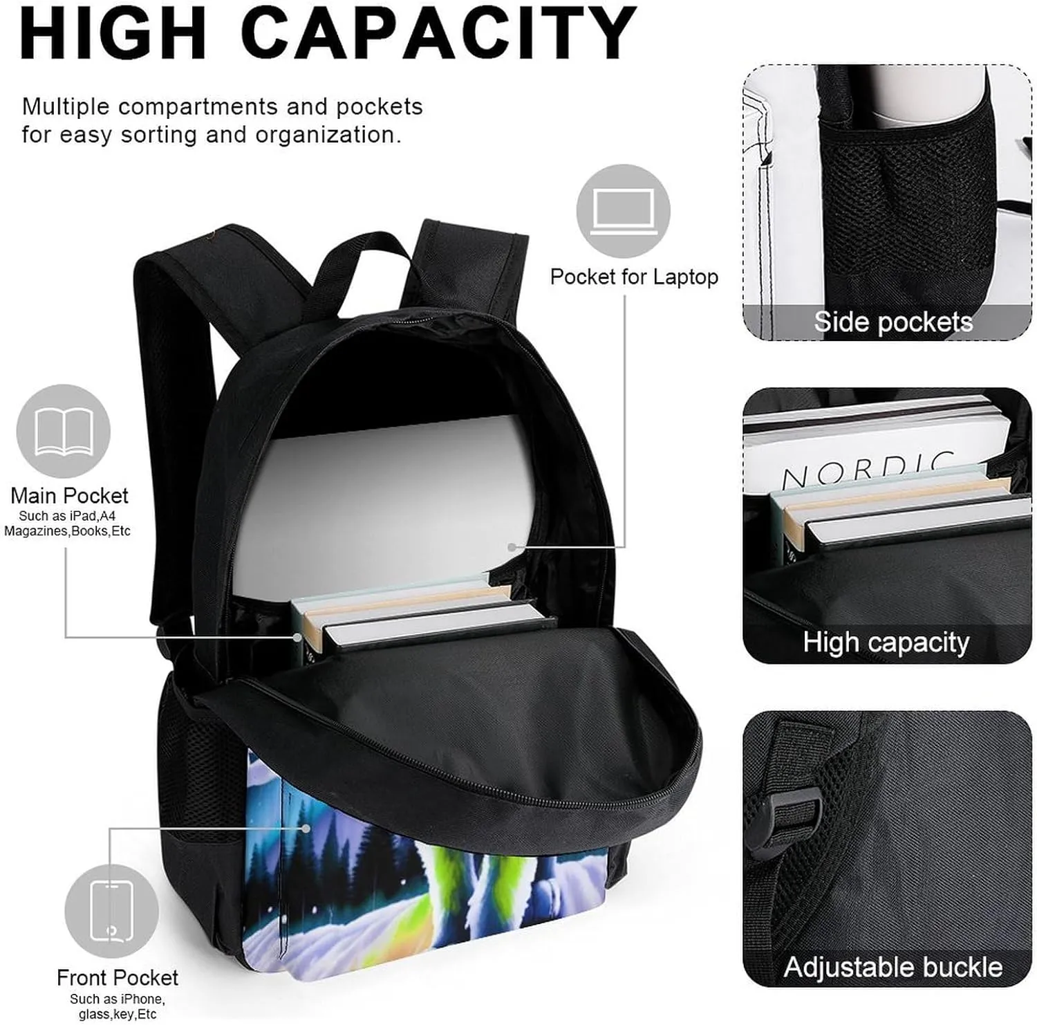 Supdreamc Adults Daypack Sets - Mountain And Northern Light Wolves Psychedelic Art Shoulder Bag 3 Piece College Travel Hiking & Camping Rucksack, 3 Piece Daypack Business Bag
