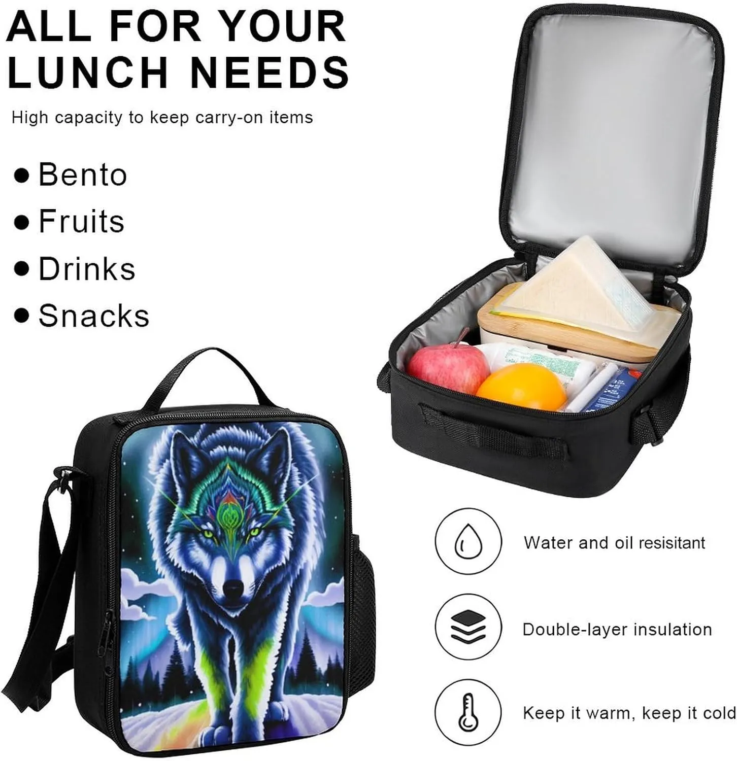 Supdreamc Adults Daypack Sets - Mountain And Northern Light Wolves Psychedelic Art Shoulder Bag 3 Piece College Travel Hiking & Camping Rucksack, 3 Piece Daypack Business Bag