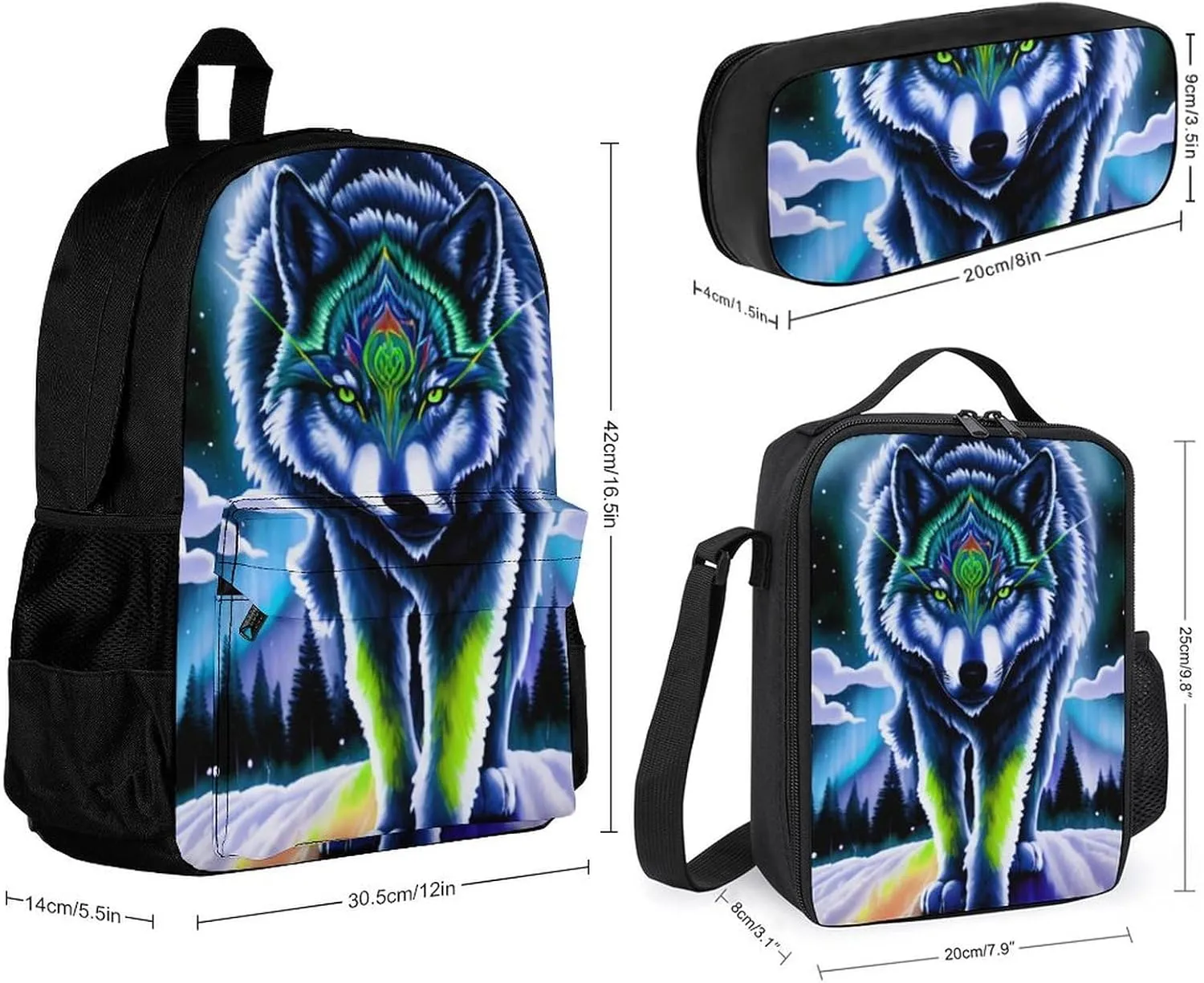 Supdreamc Adults Daypack Sets - Mountain And Northern Light Wolves Psychedelic Art Shoulder Bag 3 Piece College Travel Hiking & Camping Rucksack, 3 Piece Daypack Business Bag