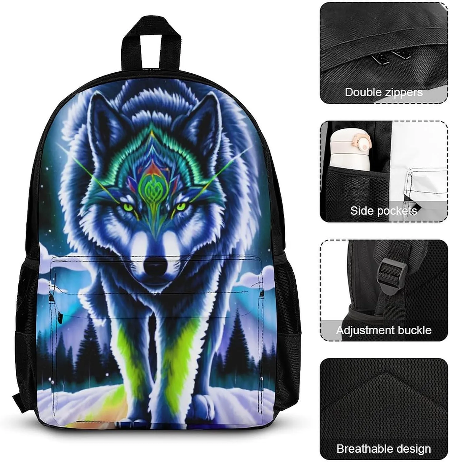 Supdreamc Adults Daypack Sets - Mountain And Northern Light Wolves Psychedelic Art Shoulder Bag 3 Piece College Travel Hiking & Camping Rucksack, 3 Piece Daypack Business Bag