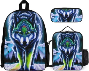 Supdreamc Adults Daypack Sets - Mountain And Northern Light Wolves Psychedelic Art Shoulder Bag 3 Piece College Travel Hiking & Camping Rucksack, 3 Piece Daypack Business Bag