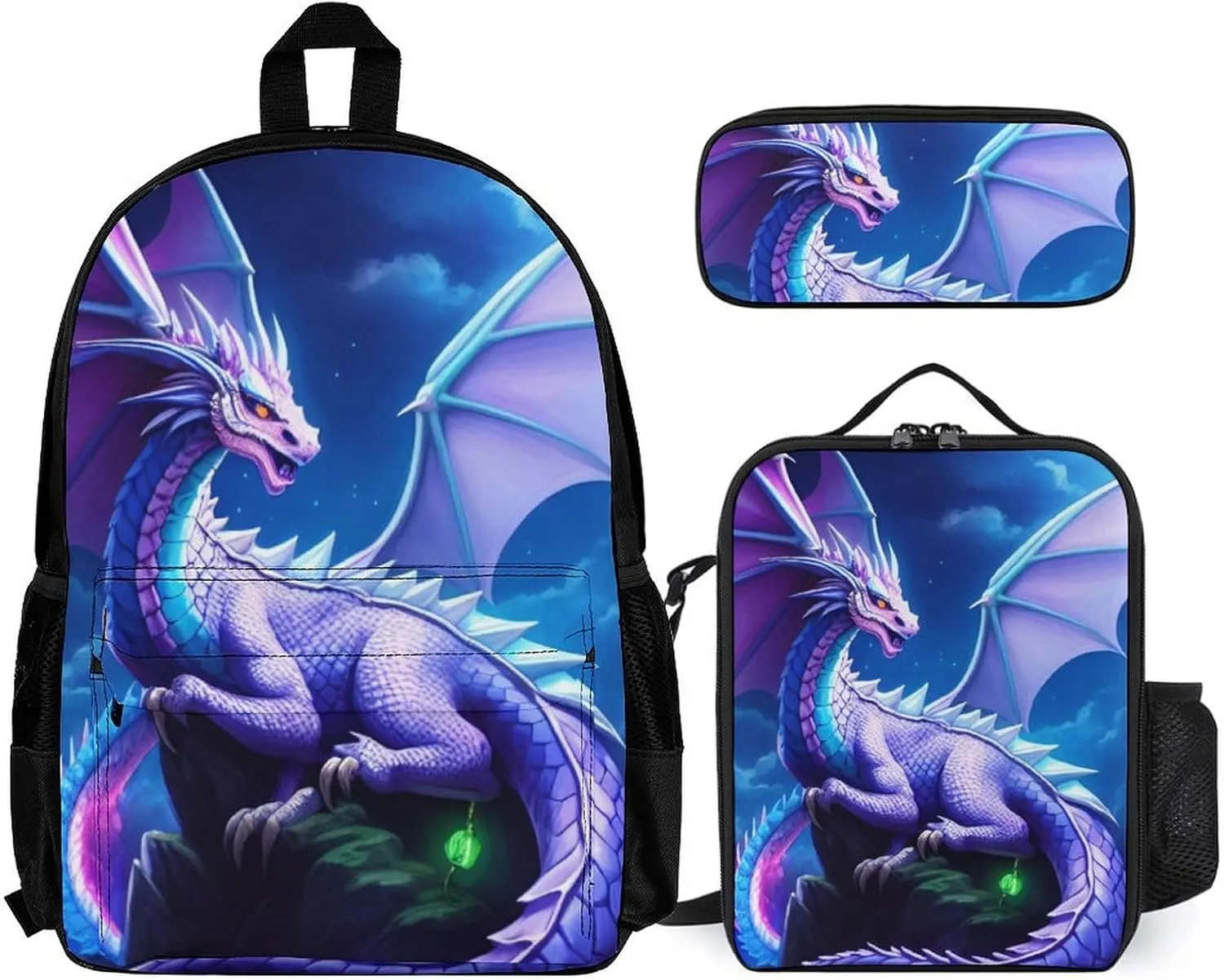 Supdreamc Travel Hiking Bag & Day Pack 3 Piece Daypack Climbing Shoulder Bag Large Capacity Backpack Mystery Dragon Magical Art College Bookbag for Adults