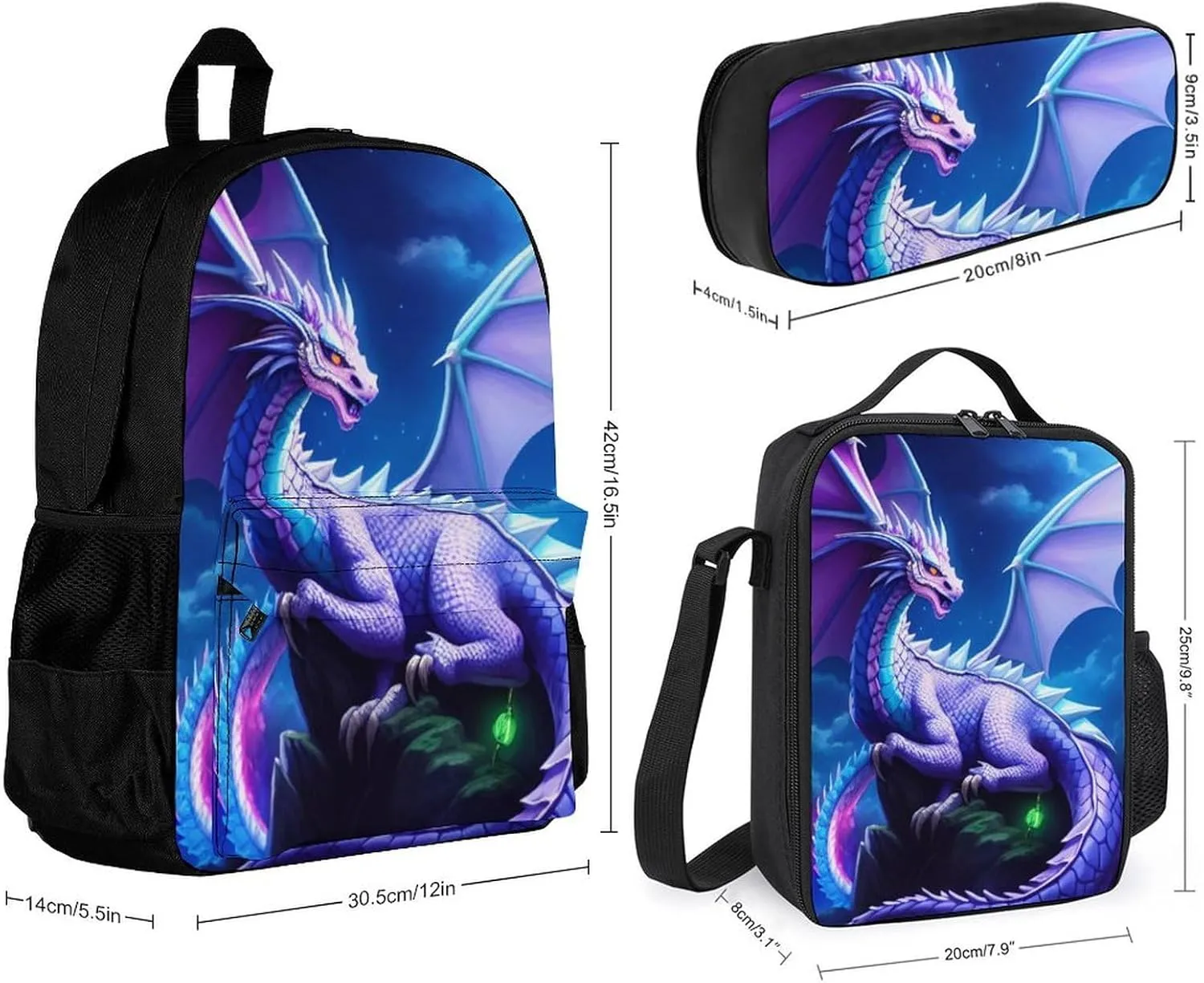 Supdreamc Travel Hiking Bag & Day Pack 3 Piece Daypack Climbing Shoulder Bag Large Capacity Backpack Mystery Dragon Magical Art College Bookbag for Adults