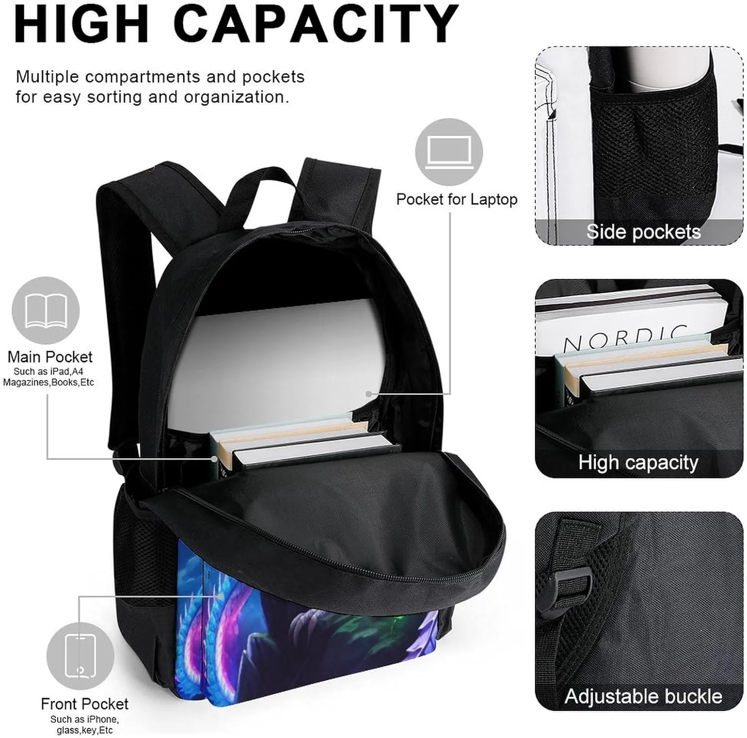 Supdreamc Travel Hiking Bag & Day Pack 3 Piece Daypack Climbing Shoulder Bag Large Capacity Backpack Mystery Dragon Magical Art College Bookbag for Adults