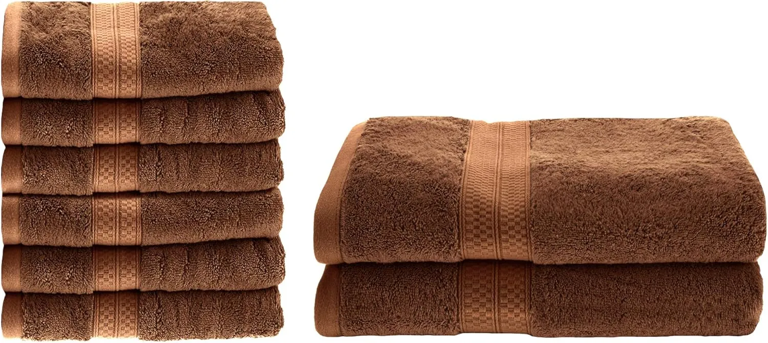 Superior Bath and Hand Towel Set, Rayon from Bamboo Cotton Blend, Ideal for Bathroom, Guest Bathroom, and Beach, Includes; 6 Pieces Hand Towels 16” x 30” and 2 Pieces Bath Towels 30” x 54”, Cocoa