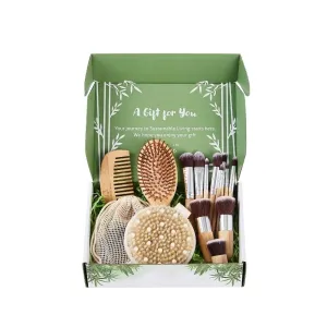 Sustainable Gift Beauty Cosmetic Hair Care bundled with bamboo hair brush, wide teeth comb, 11 piece cosmetic brushes, body bath brush, bamboo charcoal infused makeup remover (15 items)