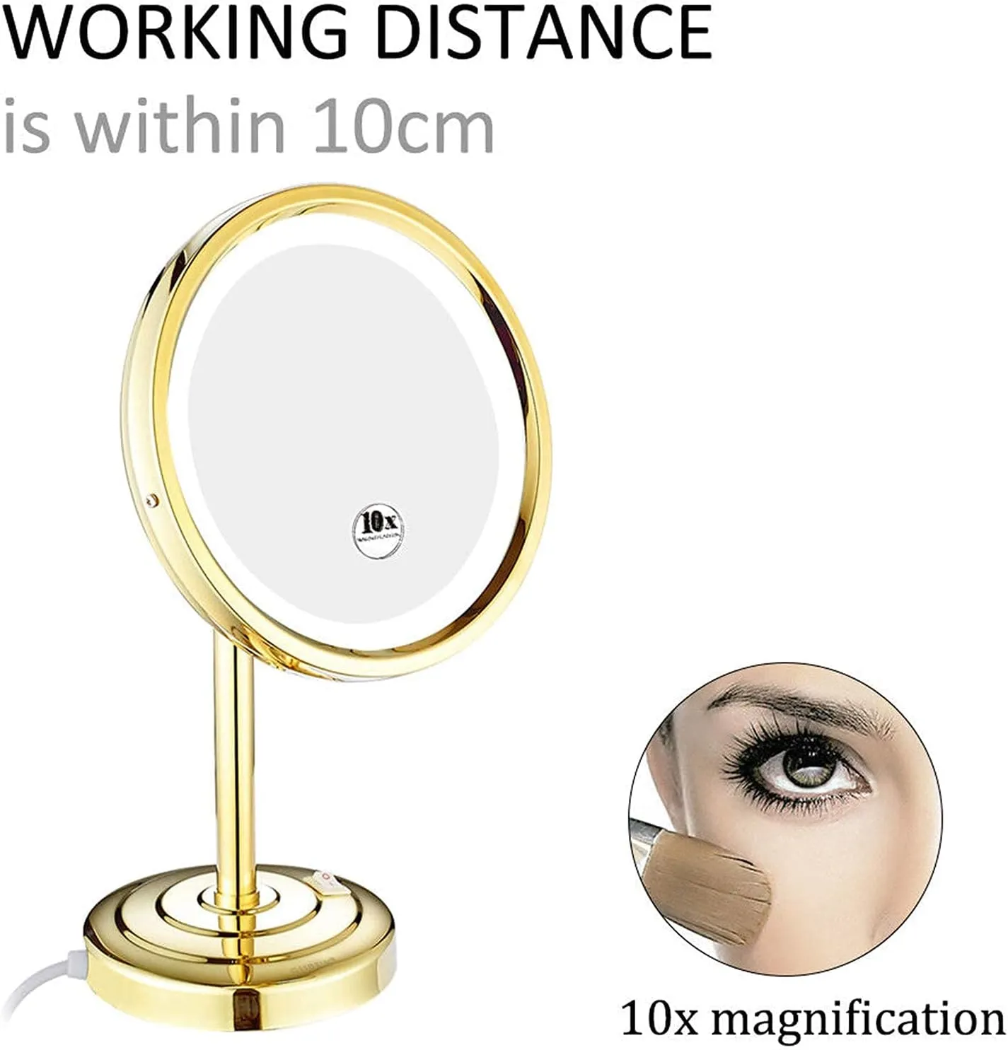 Tabletop Makeup Mirror with Light and Magnification 8 Inch Brass Led Illuminated Countertop Mirrors Standing Vanity Mirrors with Switch and Plug Chrome 7X(Gold,10X)