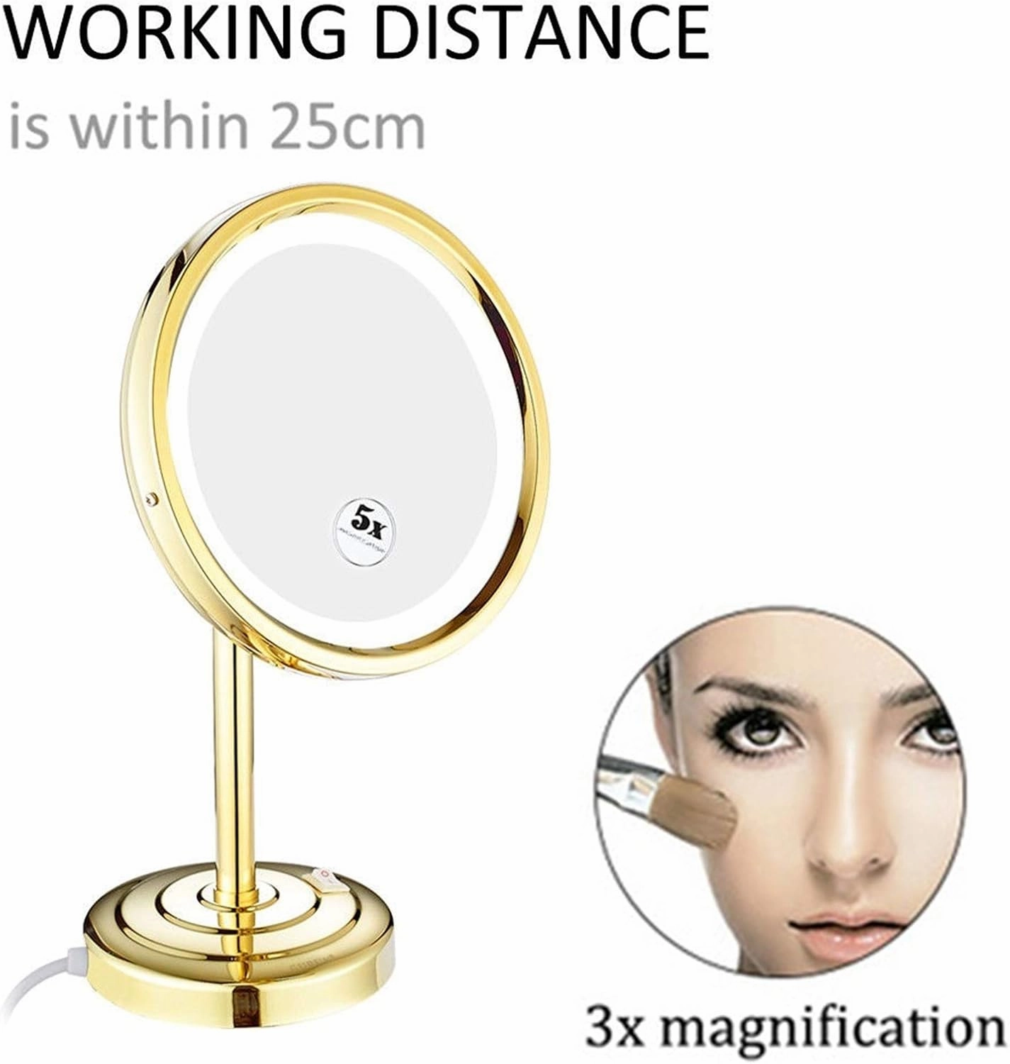 Tabletop Makeup Mirror with Light and Magnification, 8 Inch Brass LED Lighted Countertop Mirrors, Standing Vanity Mirrors with Switch and Plug,Gold,7X(Gold,3X)