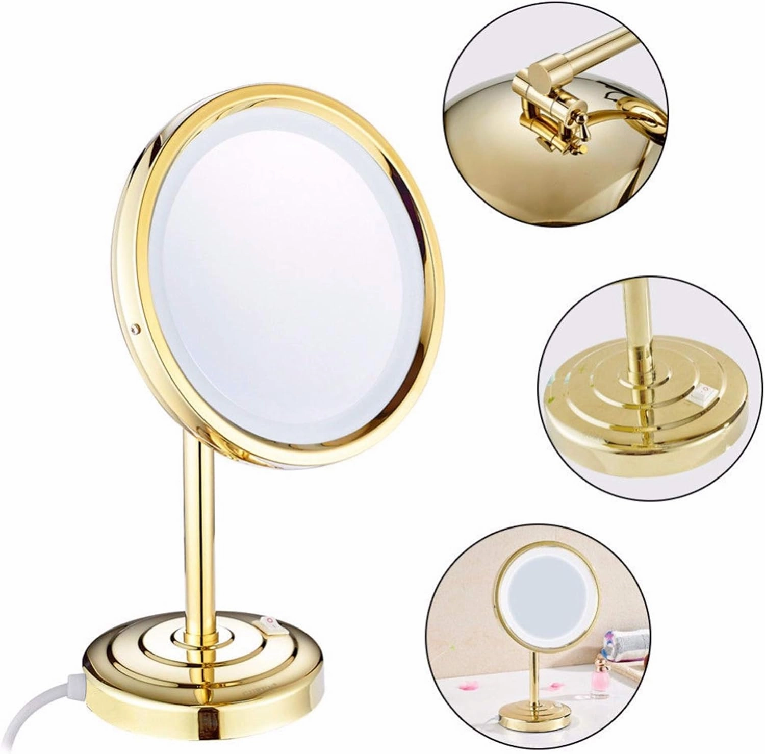 Tabletop Makeup Mirror with Light and Magnification, 8 Inch Brass LED Lighted Countertop Mirrors, Standing Vanity Mirrors with Switch and Plug,Gold,7X(Gold,3X)