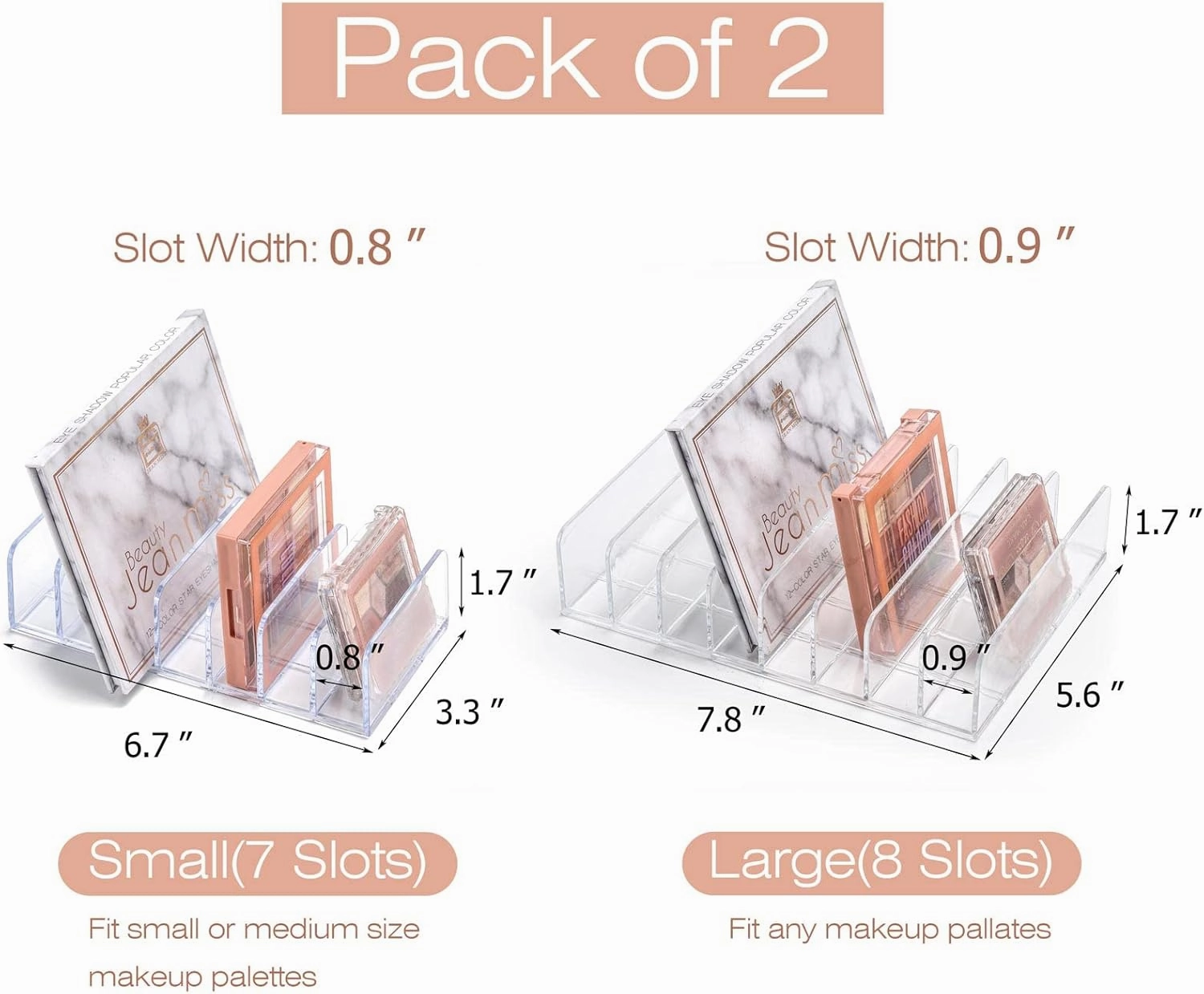 Tecbeauty 2pcs Makeup Palette Organizer Clear Cosmetic Eyeshadow Palettes Storage Tray - 15 Slots