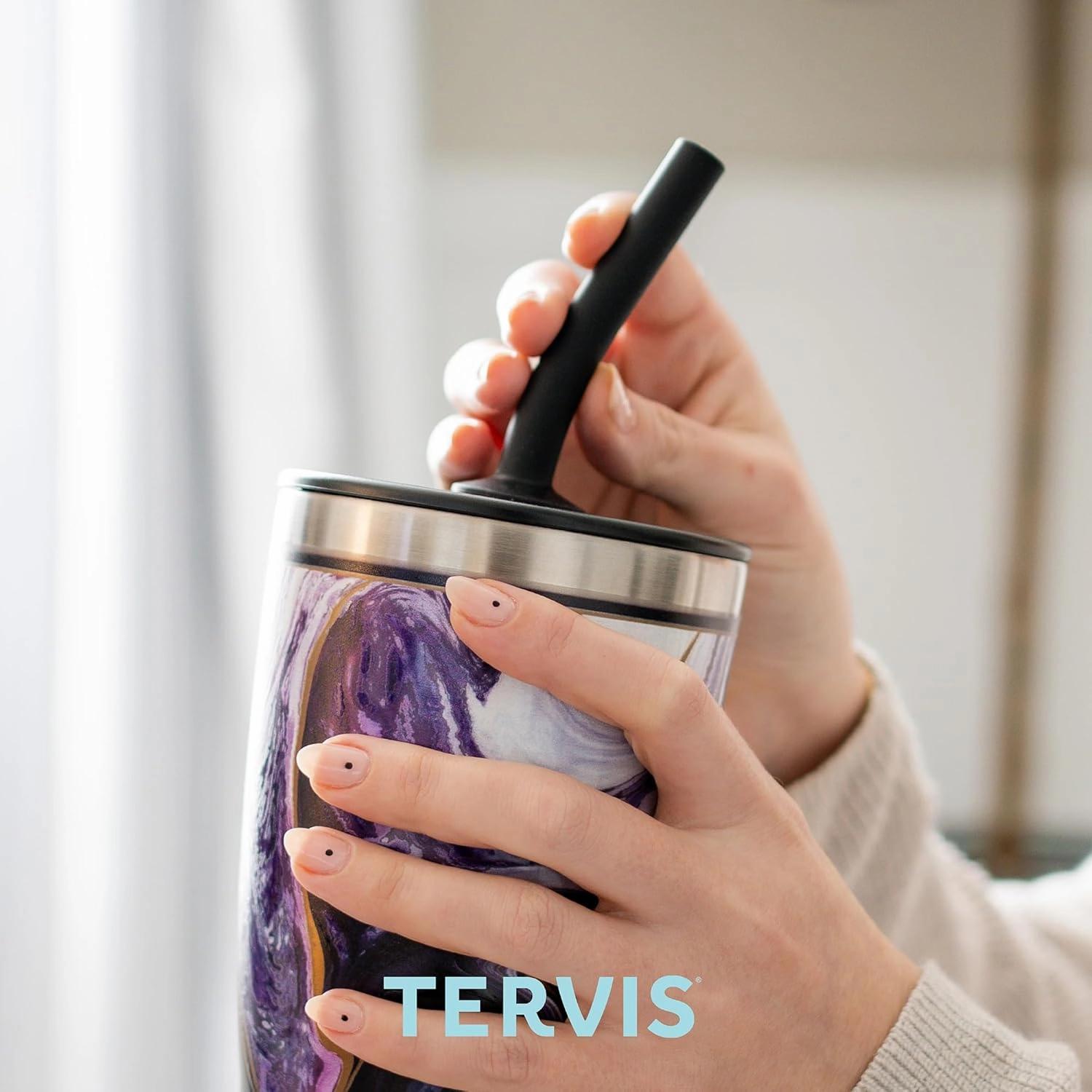 Tervis Traveler Powder Coated Stainless Steel Triple Walled Insulated Tumbler Travel Cup Keeps Drinks Cold & Hot, 30oz - with Straw Lid, Black