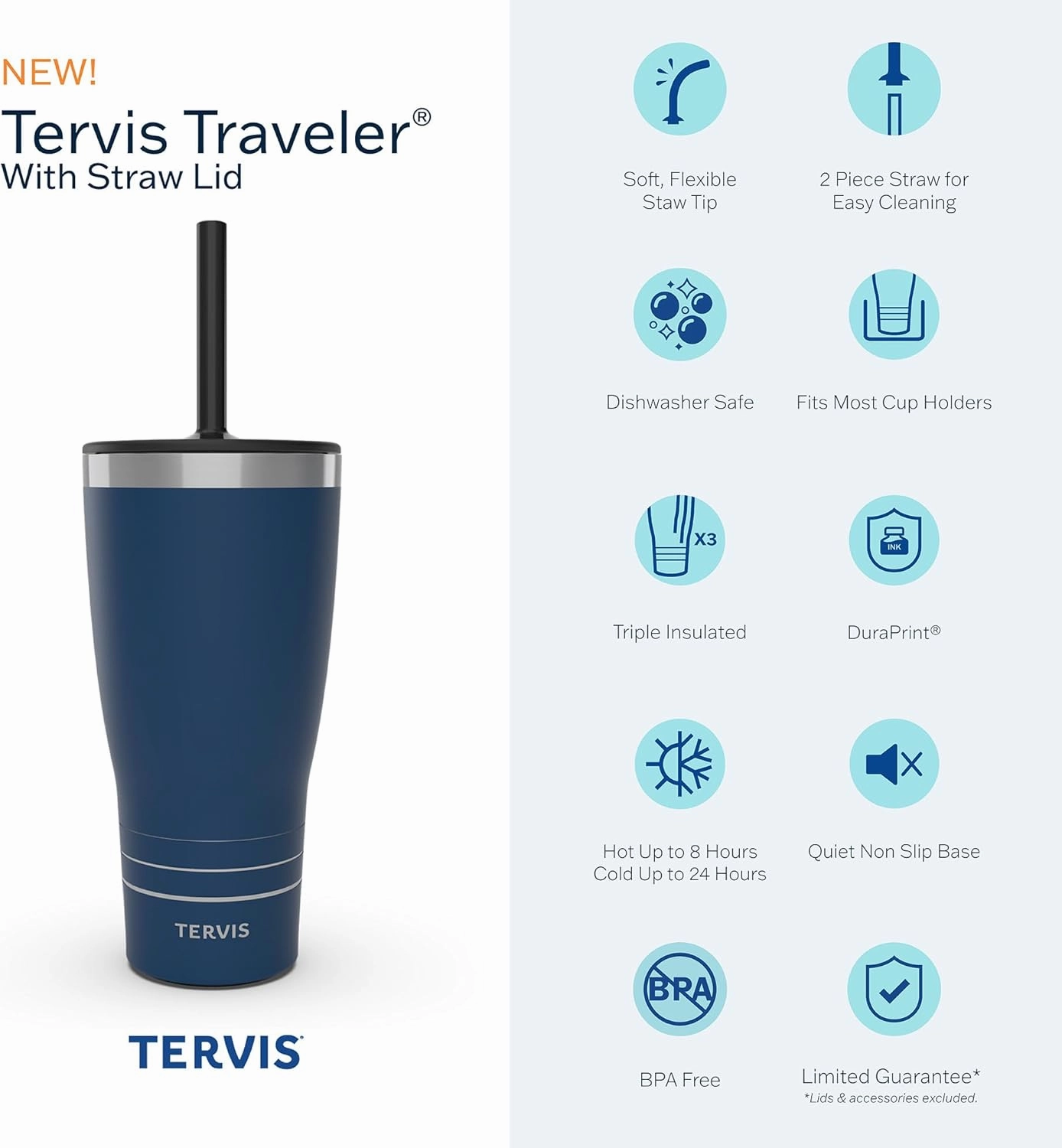 Tervis Traveler Powder Coated Stainless Steel Triple Walled Insulated Tumbler Travel Cup Keeps Drinks Cold & Hot, 30oz - with Straw Lid, Black