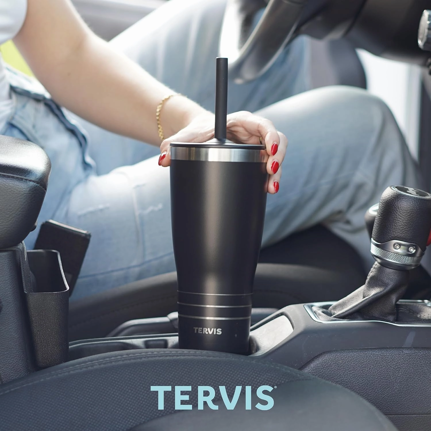 Tervis Traveler Powder Coated Stainless Steel Triple Walled Insulated Tumbler Travel Cup Keeps Drinks Cold & Hot, 30oz - with Straw Lid, Black