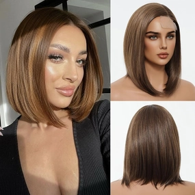 testar Brown Wig Straight Bob Wig for White Women Lace Hairline Wig Side Part Hair Wigs Heat Resistant Fiber Wigs for Girls Cosplay 14 Inch