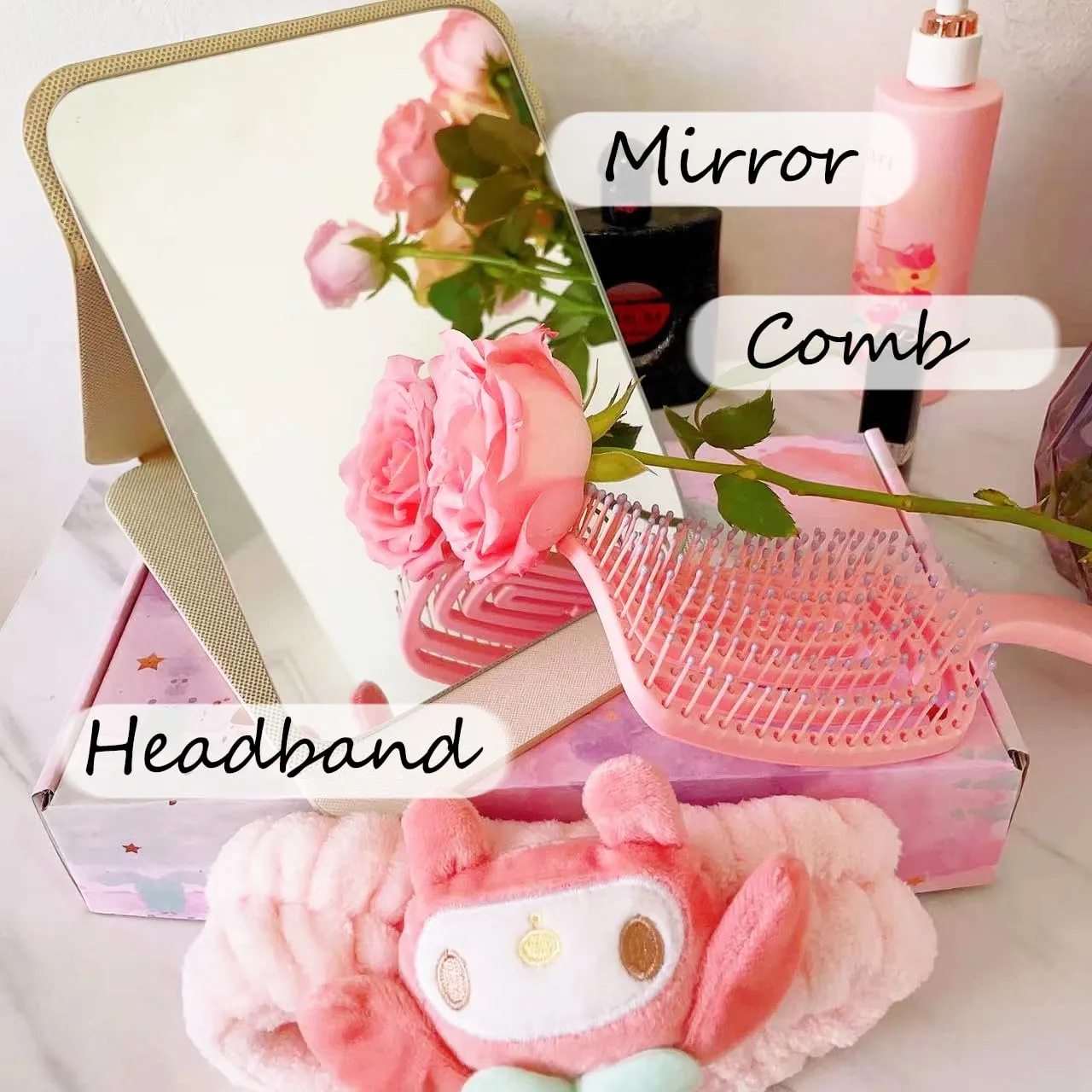 Three-Piece Set: Hair Comb, Mirror, and Face Washing Headband - Ideal forGirls, and Female Students - Includes Detangler Brush and Hair Brushes Desktop Adjustable Folding Mirror (pink)