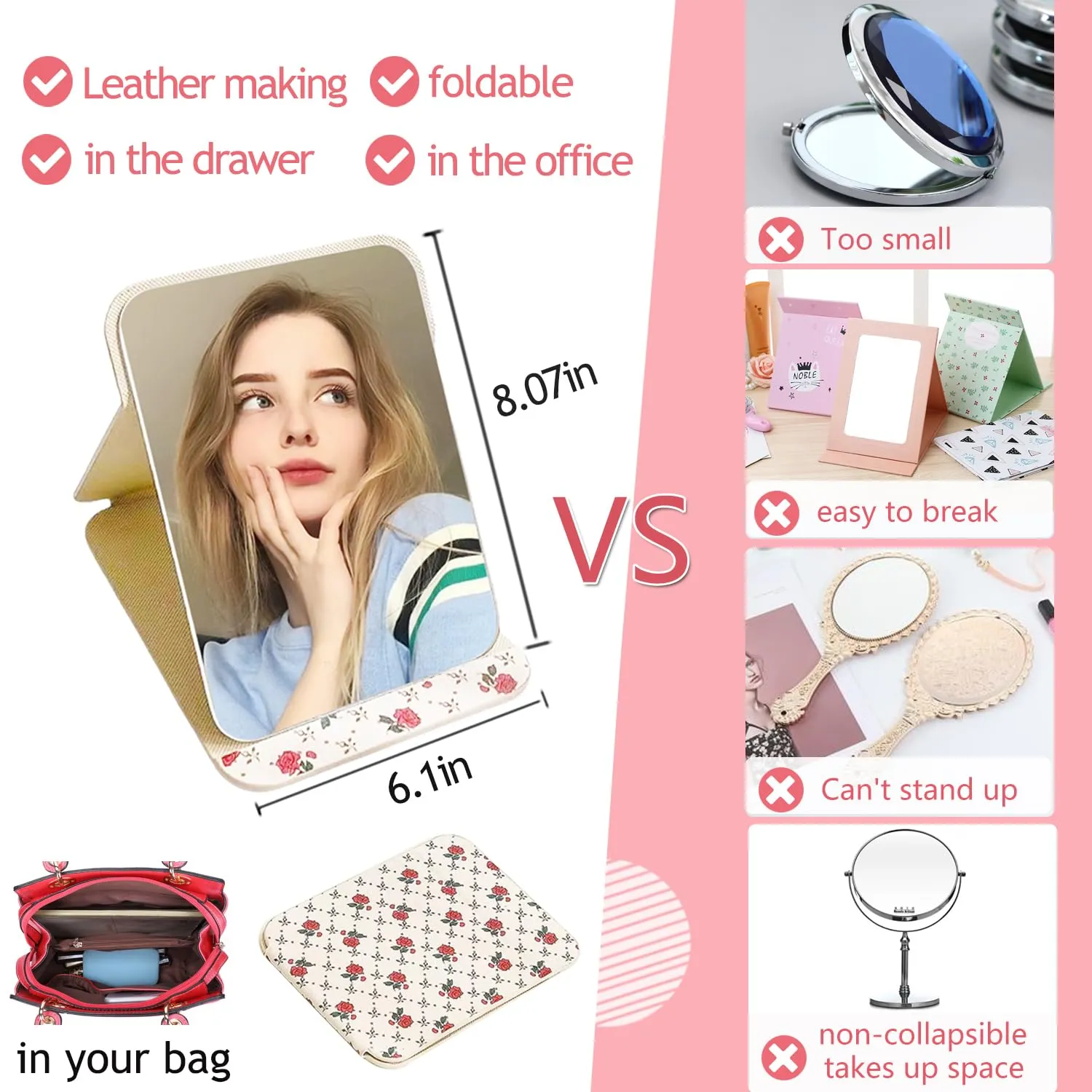 Three-Piece Set: Hair Comb, Mirror, and Face Washing Headband - Ideal forGirls, and Female Students - Includes Detangler Brush and Hair Brushes Desktop Adjustable Folding Mirror (pink)