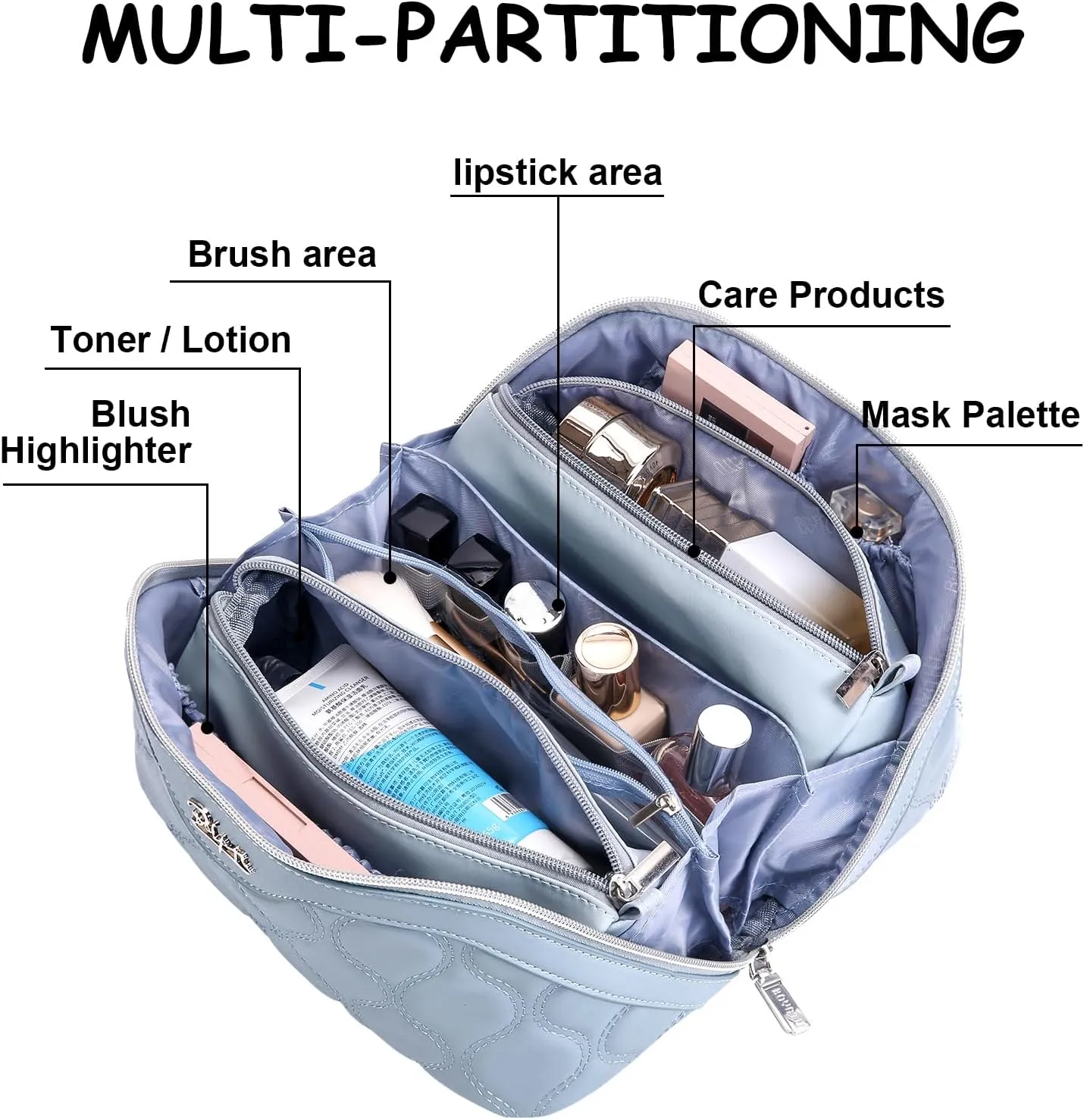 Travel Makeup Bags for Women Cosmetic Bag: Puffy Make up Bags Set of 3 - Vegan Leather Makeup Organizer - Waterproof Large Toiletry Bag with Compartments - Travel Essentials (04 Blue)