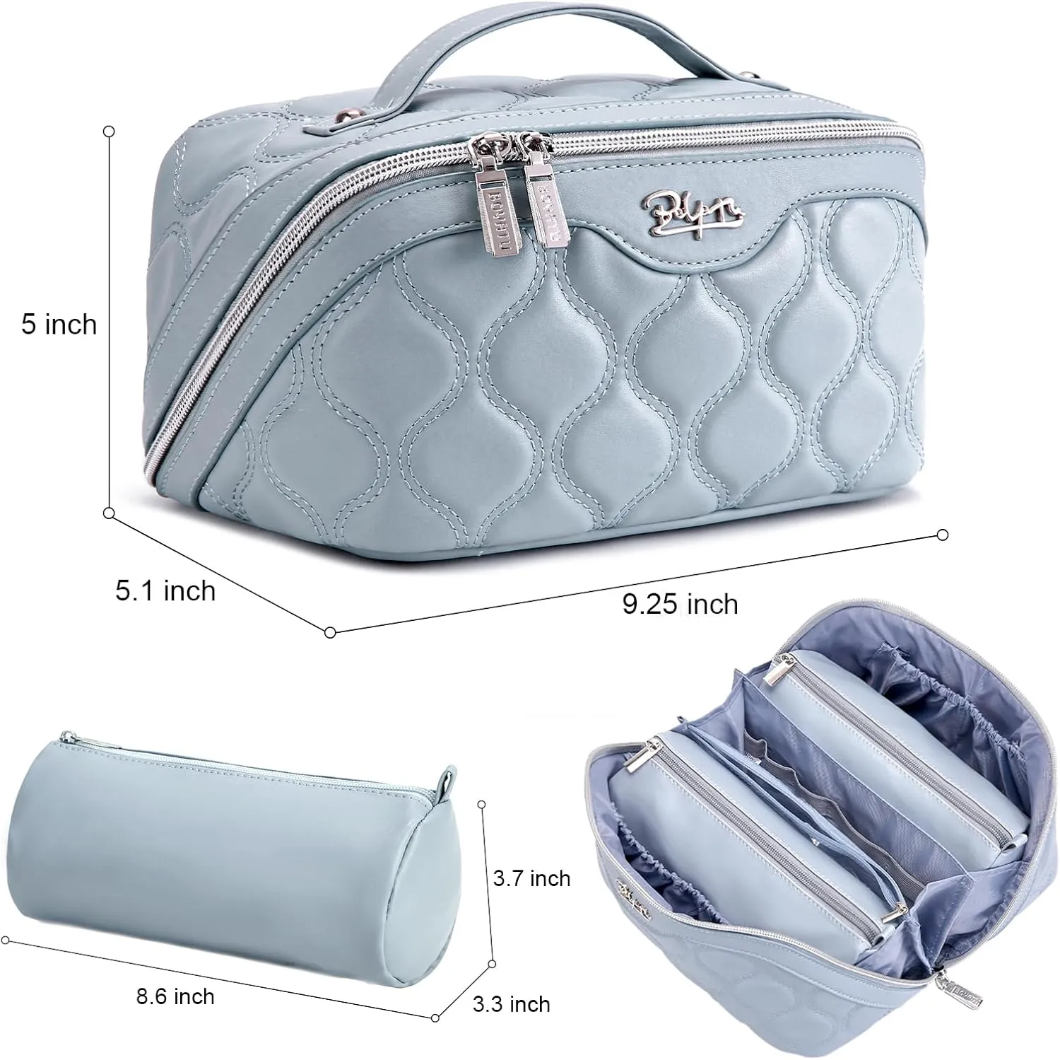 Travel Makeup Bags for Women Cosmetic Bag: Puffy Make up Bags Set of 3 - Vegan Leather Makeup Organizer - Waterproof Large Toiletry Bag with Compartments - Travel Essentials (04 Blue)