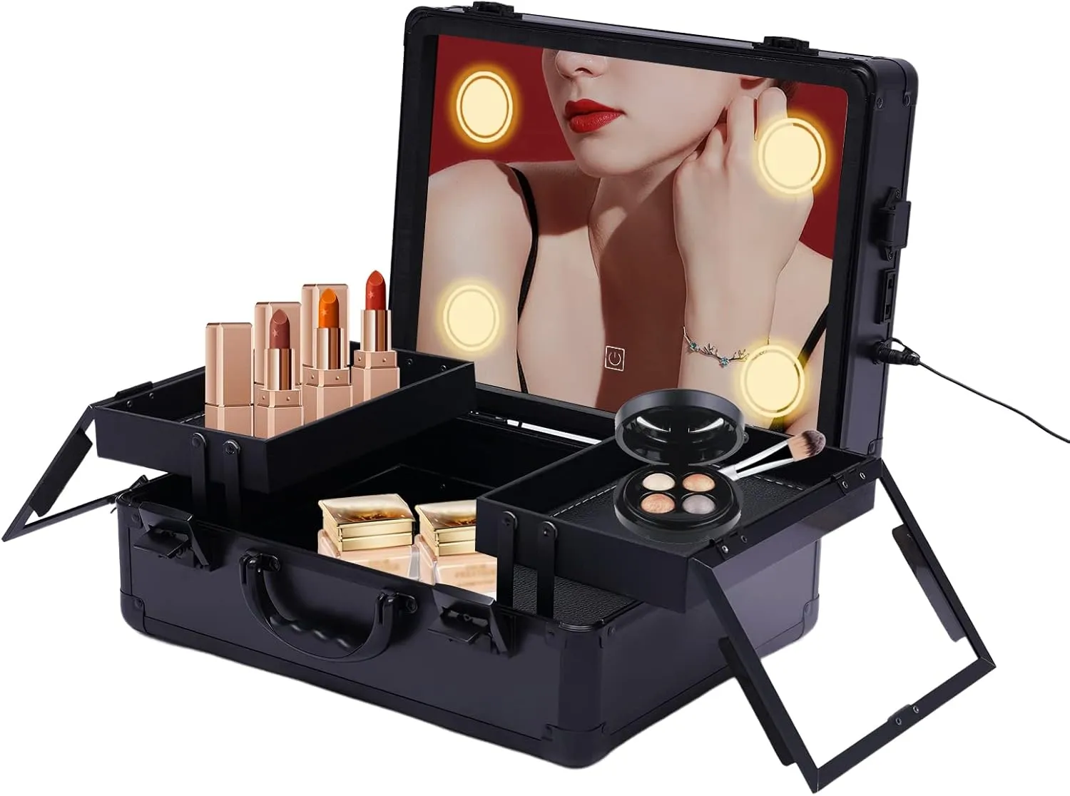 Travel Makeup Case with Led Lighted Mirror Portable Makeup Train Case Large Makeup Organizer with Adjustable Dividers Makeup Box for Makeup Artist Makeup Tools (Black)