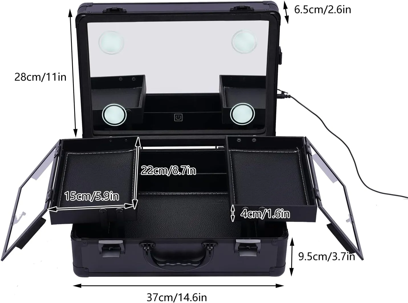 Travel Makeup Case with Led Lighted Mirror Portable Makeup Train Case Large Makeup Organizer with Adjustable Dividers Makeup Box for Makeup Artist Makeup Tools (Black)