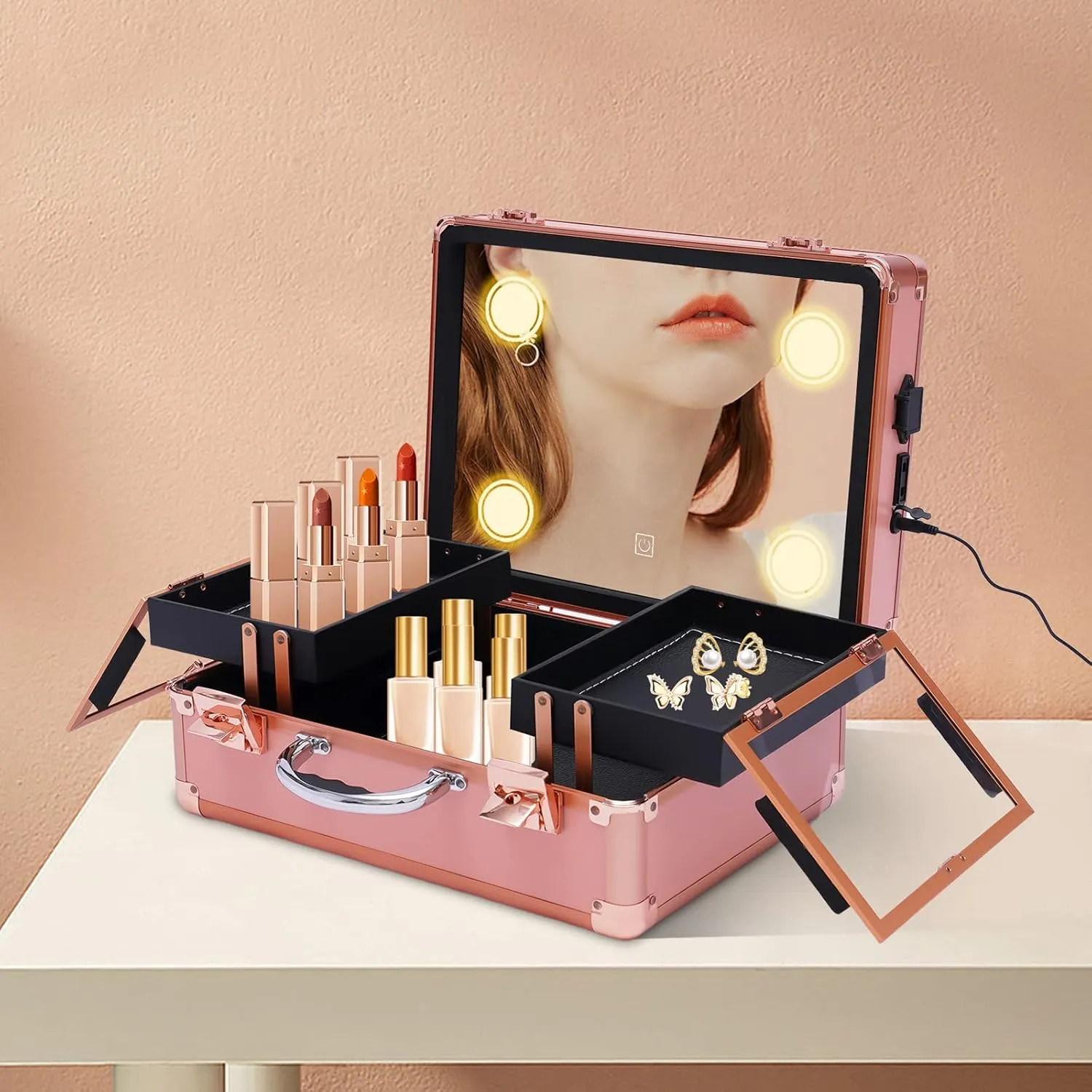 Travel Makeup Case with Led Lighted Mirror Portable Makeup Train Case Large Makeup Organizer with Adjustable Dividers Makeup Box for Makeup Artist Makeup Tools (Rose Gold)