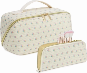 Travel Makeup Bags Cosmetic Organizer Bag 2-Set Large Capacity Make up Bag - Corduroy Toiletry Bag for Women - Wide Open Portable Pouch with Divider & Handle (Floret)